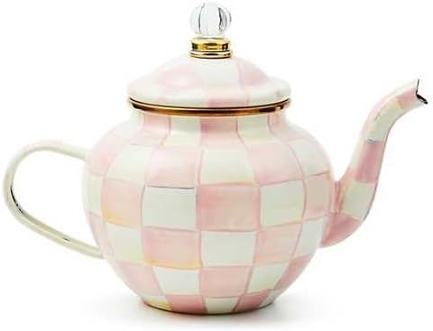 MACKENZIE-CHILDS Enamel Teapot, Cute Small Teapot with Lid, 4-Cup Capacity, Black-and-White Courtly Check