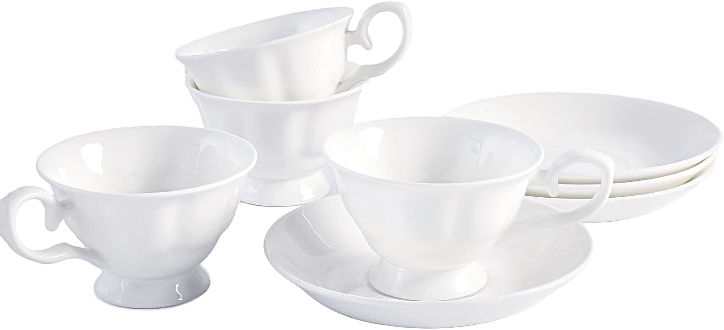 Fine Bone China Cappuccino Mugs Set of 4, 7 Oz Spiral Pattern Lightweight Ceramic, Art Coffee Cups with Saucers, for Latte, Mocha, Tea, Espresso, Macchiato, Americano