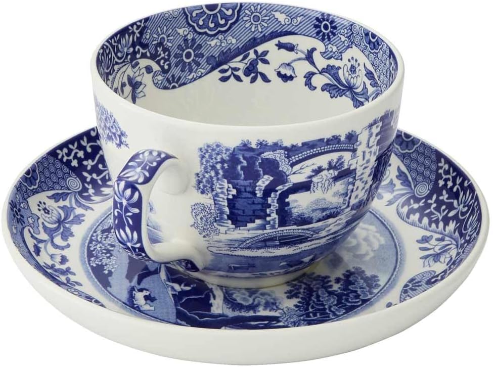 Spode Blue Italian Teacup and Saucer, 20-ounce Capacity, Jumbo Tea Set, Coffee Mug, Cup for Tea, Lattes, Espressos, and Hot Beverages - Blue &White