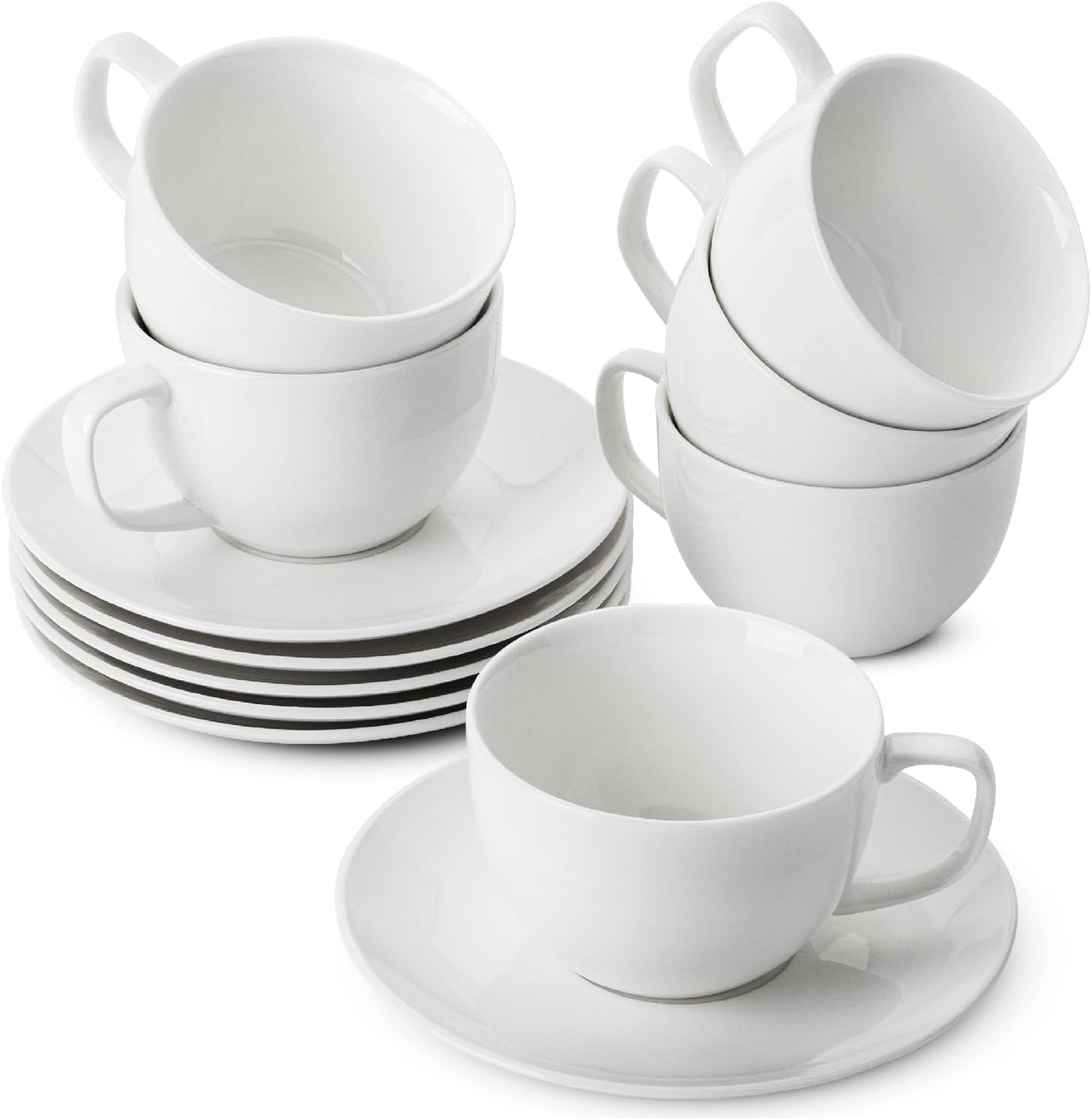 BTaT Porcelain Tea Cups and Saucers, 8oz, Set of 12, White