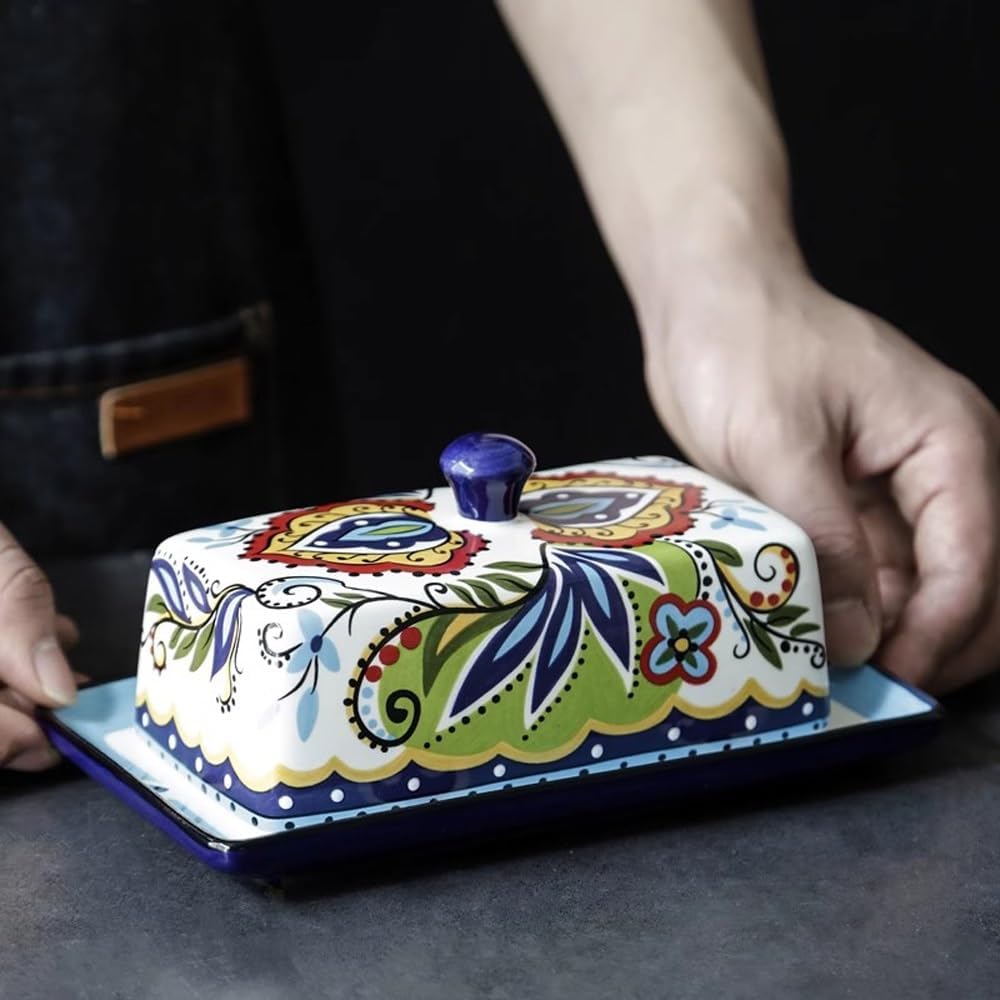 Butter Dish Creative Ceramic Butter Box European Tableware with Cover Butter Plate Dim Sum Plate Butter Plate Cheese Box Storage(Green)
