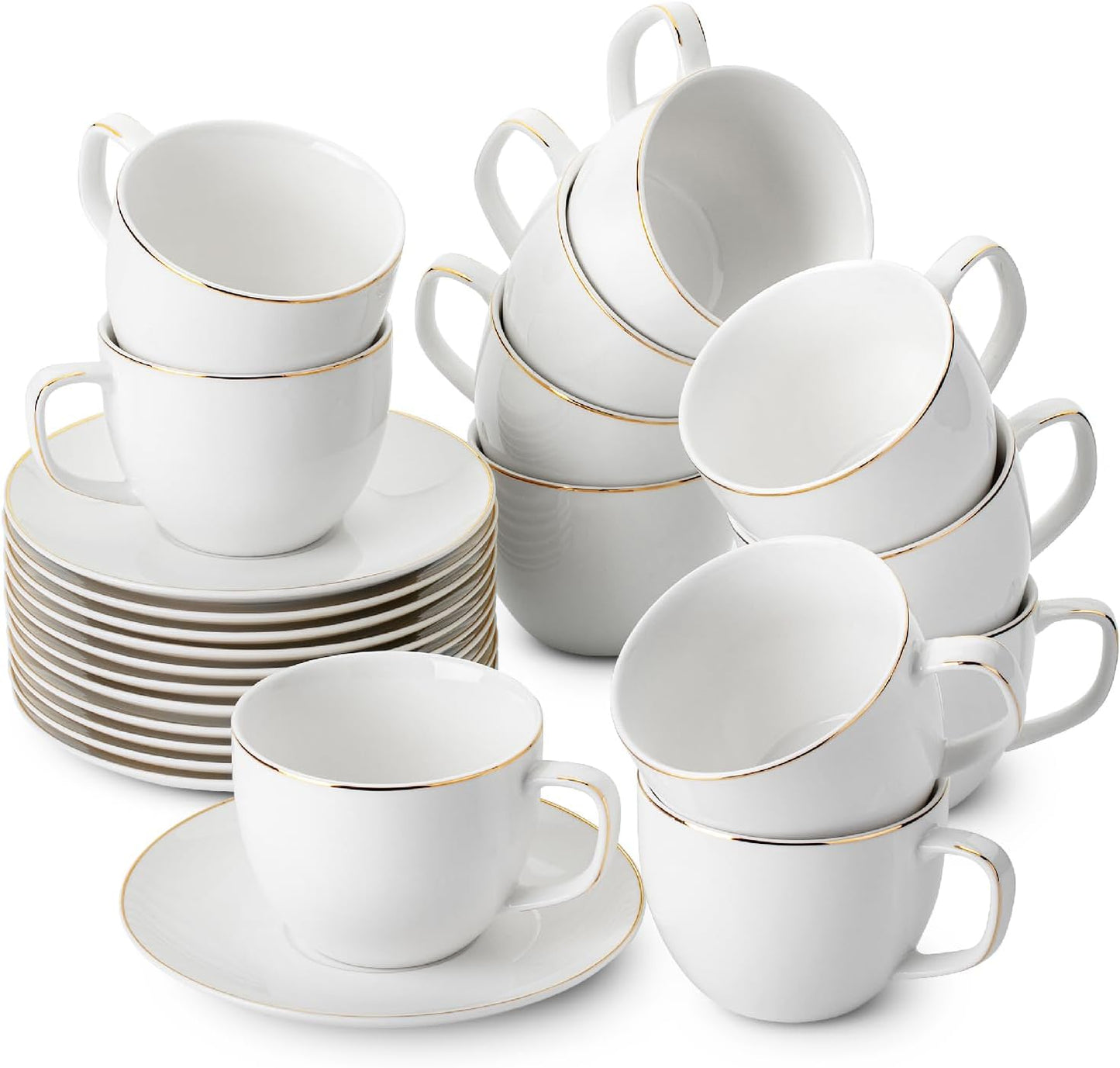 BTaT Porcelain Tea Cups and Saucers, 8oz, Set of 12, White