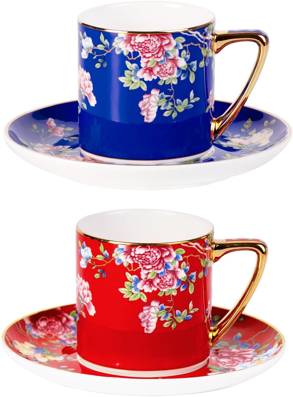 KAMMAK Tea Cups and Saucers Set of 2, Porcelain Coffee Cups with Saucer for Espresso, Cappuccino, 7.5oz Red and Blue Ceramic Demitasse Mug for Home, Tea Party, Office