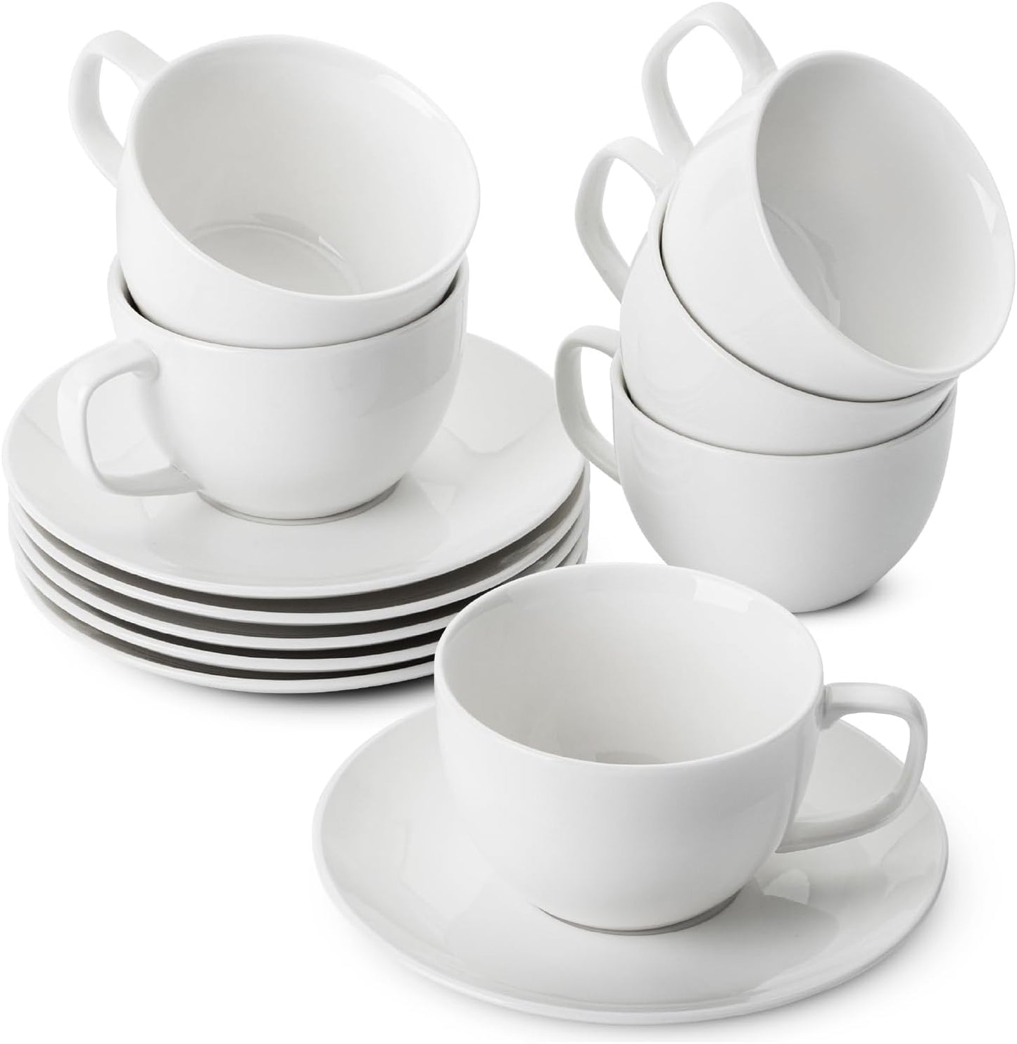 BTaT Porcelain Tea Cups and Saucers, 8oz, Set of 12, White
