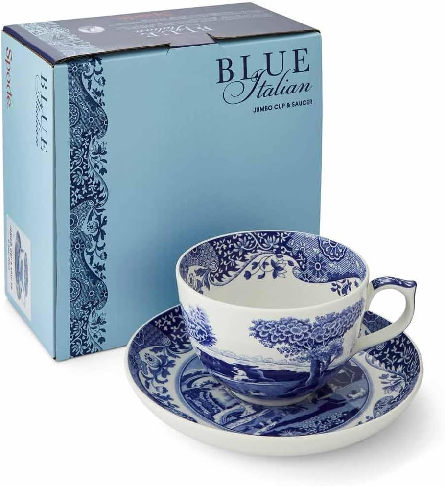 Spode Blue Italian Teacup and Saucer, 20-ounce Capacity, Jumbo Tea Set, Coffee Mug, Cup for Tea, Lattes, Espressos, and Hot Beverages - Blue &White