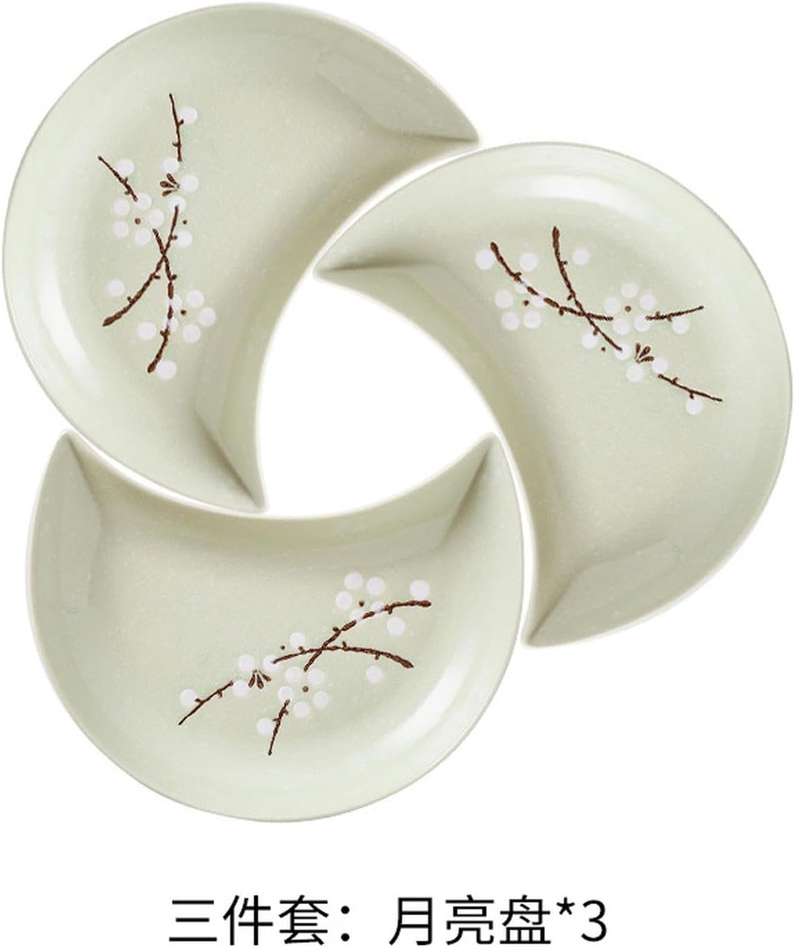 Japanese plum blossom hand-painted underglaze ceramic tableware, moon combination platter creative dim sum dish plate - moon plate 3-piece set - light green