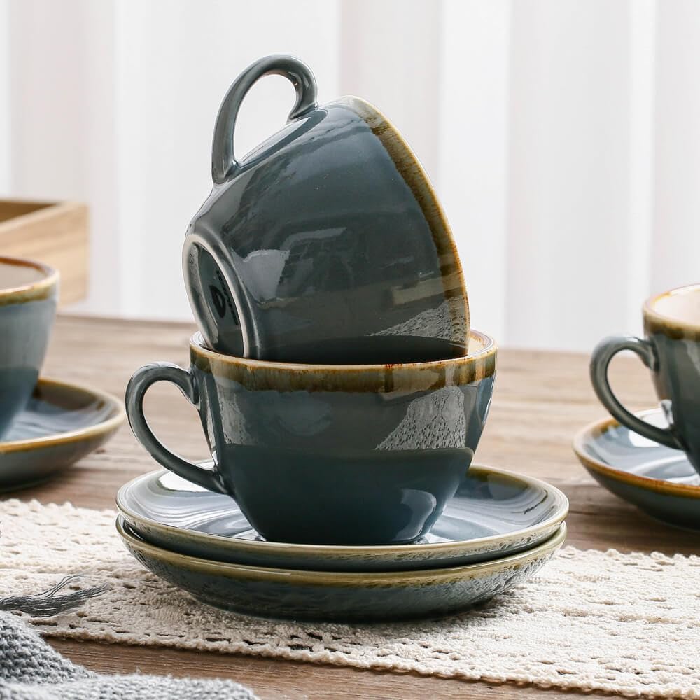 SHUER Ceramic Cappuccino Cup Set of 4, 11.2 OZ Cups and Saucers Set,Coffee Mocha Cup Sets,Black Coffee Cups and Glaze Americano Mug Great for Party and Low Tea Time (Blue 320ml)