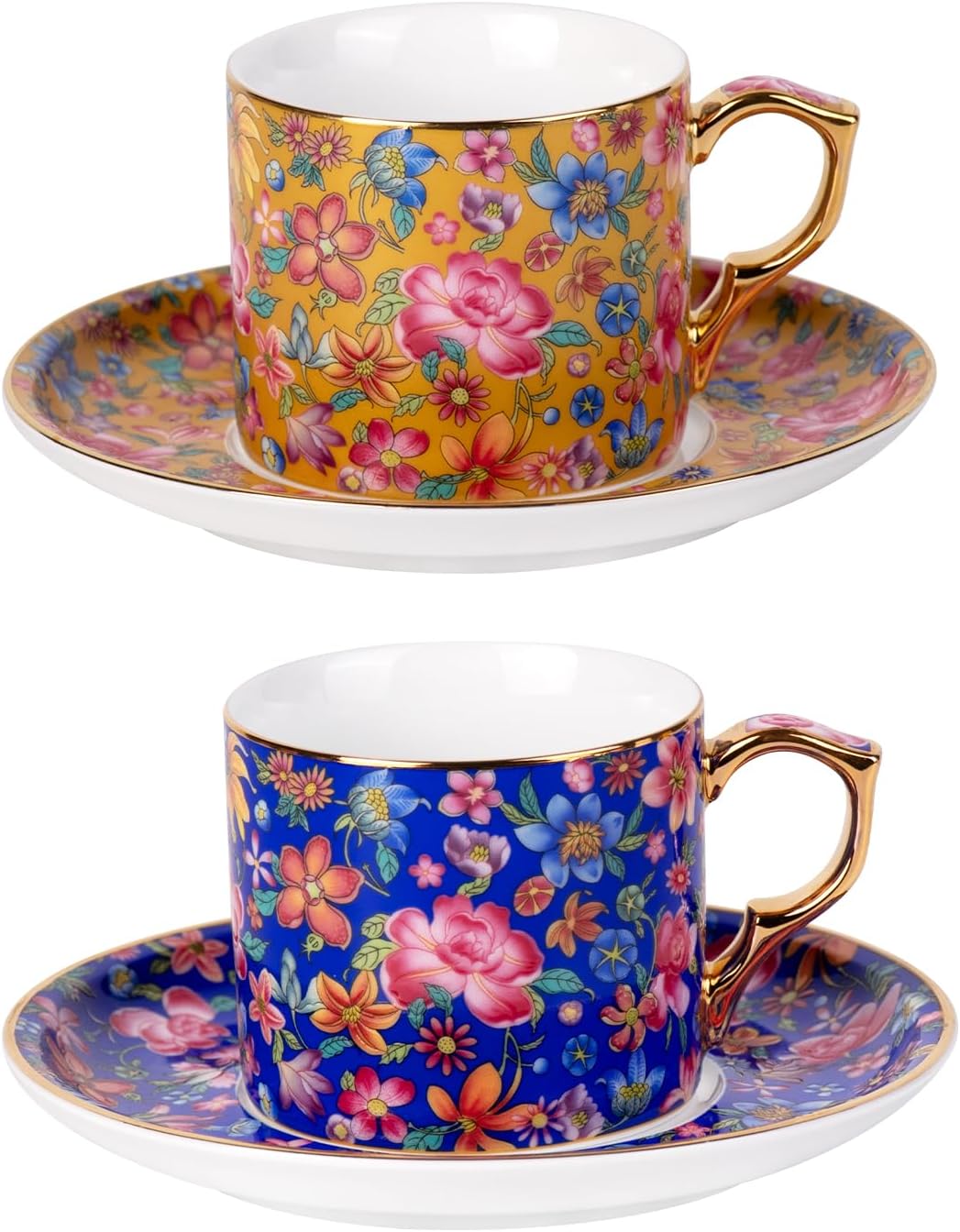 KAMMAK Tea Cups and Saucers Set of 2, Porcelain Coffee Cups with Saucer for Espresso, Cappuccino, 7.5oz Red and Blue Ceramic Demitasse Mug for Home, Tea Party, Office