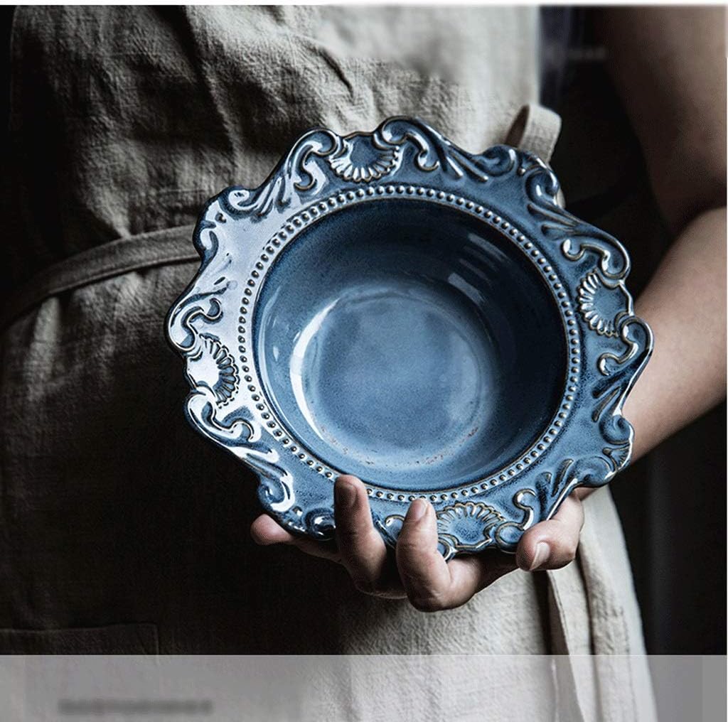 Blue and White Porcelain Antique Embossed Ceramic Dinner Plate Set Main Dish Tray Dim Sum Salad Dish Tableware 1Pc/24.5Cm