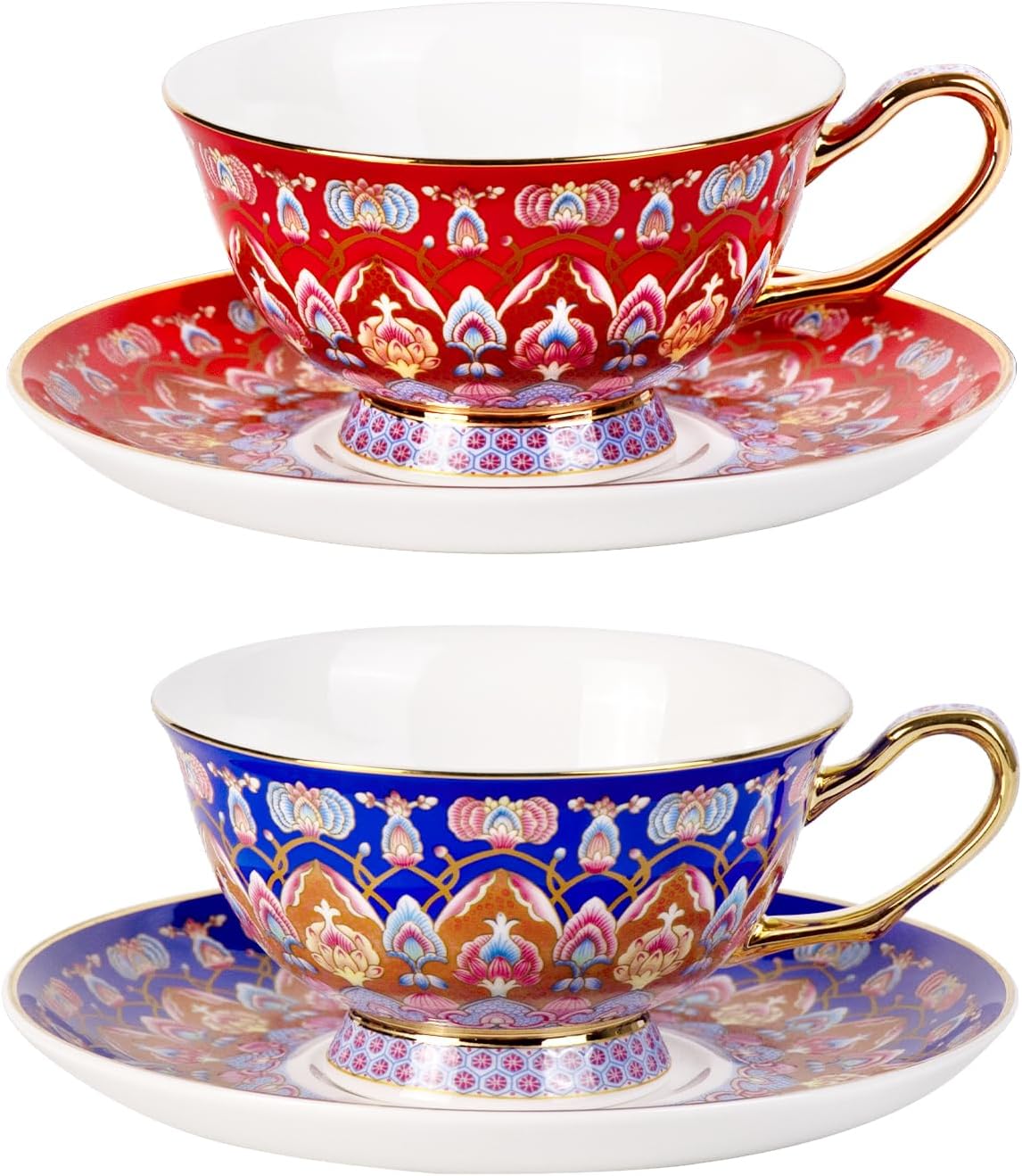 KAMMAK Tea Cups and Saucers Set of 2, Porcelain Coffee Cups with Saucer for Espresso, Cappuccino, 7.5oz Red and Blue Ceramic Demitasse Mug for Home, Tea Party, Office