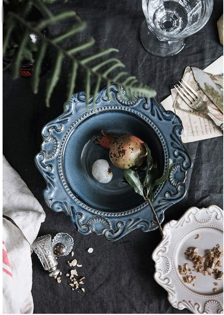 Blue and White Porcelain Antique Embossed Ceramic Dinner Plate Set Main Dish Tray Dim Sum Salad Dish Tableware 1Pc/24.5Cm