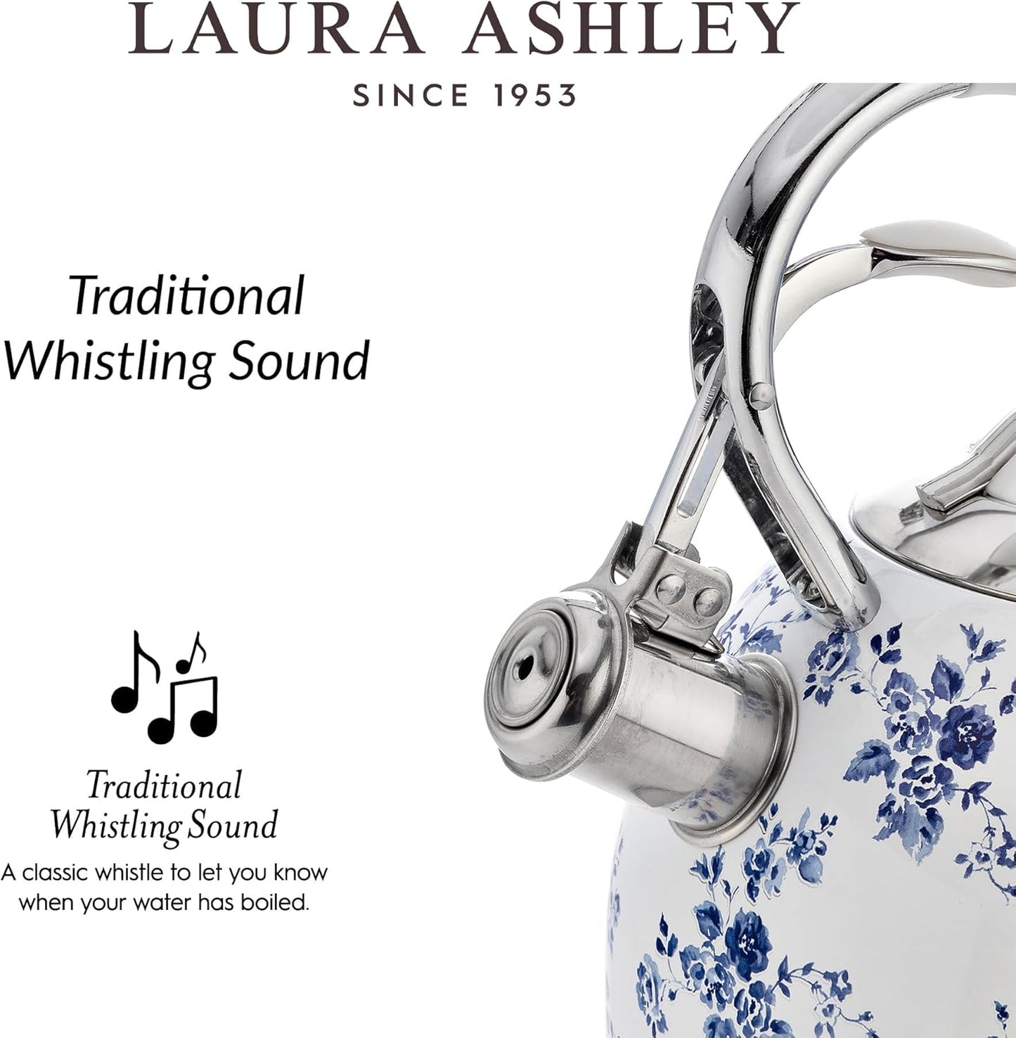 VQ Laura Ashley China Rose 3L Stainless Steel Tea Kettle Stovetop Whistling Teapot for Induction, Gas Hob or others. Silicon Coated Cool Handle & Push Button Mechanism Vintage Stove Top Kettle