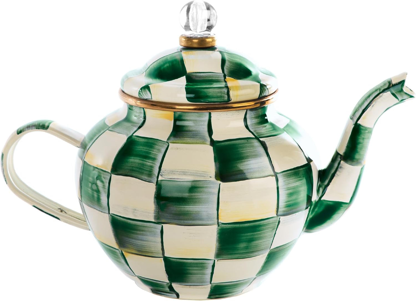 MACKENZIE-CHILDS Enamel Teapot, Cute Small Teapot with Lid, 4-Cup Capacity, Black-and-White Courtly Check