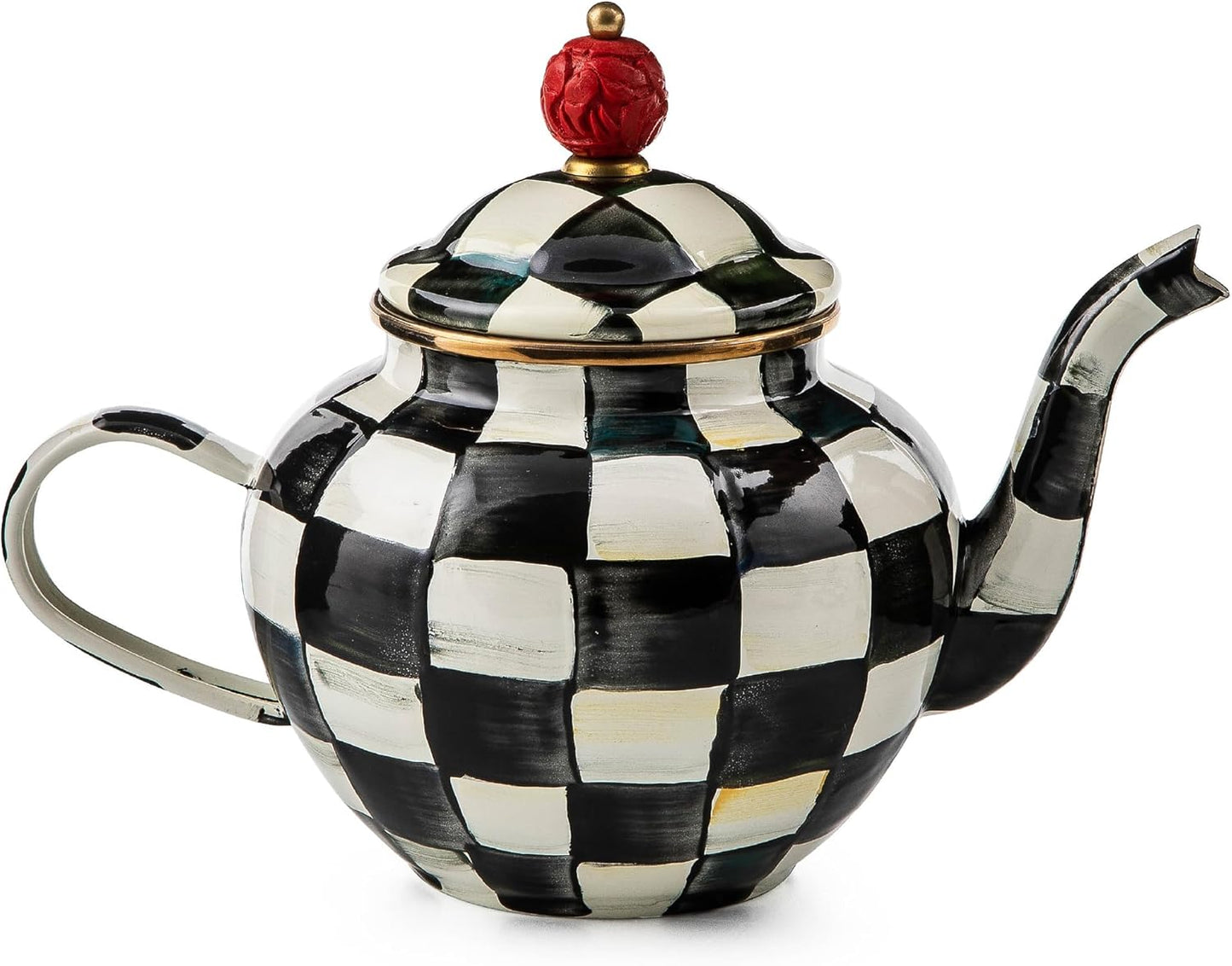 MACKENZIE-CHILDS Enamel Teapot, Cute Small Teapot with Lid, 4-Cup Capacity, Black-and-White Courtly Check