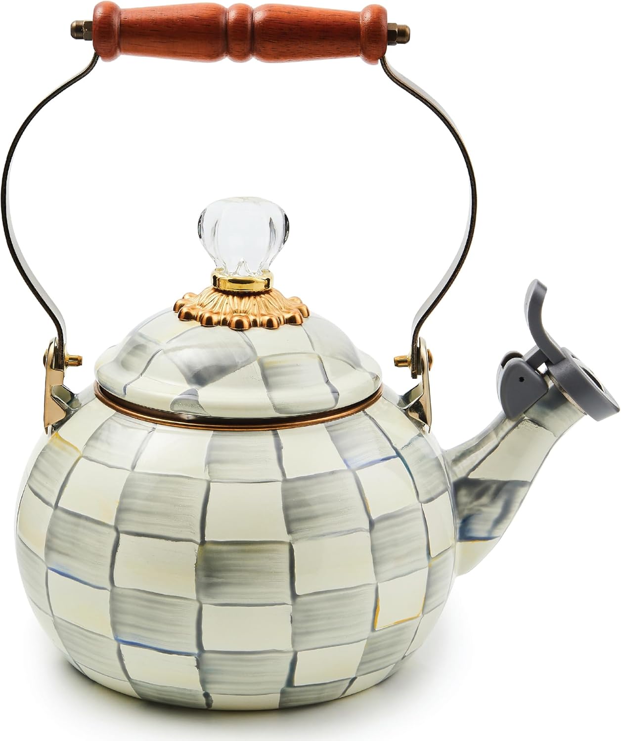 MACKENZIE-CHILDS Enamel Whistling Tea Kettle, Decorative Teapot for Stovetop, Brown-and-White Mocha Check