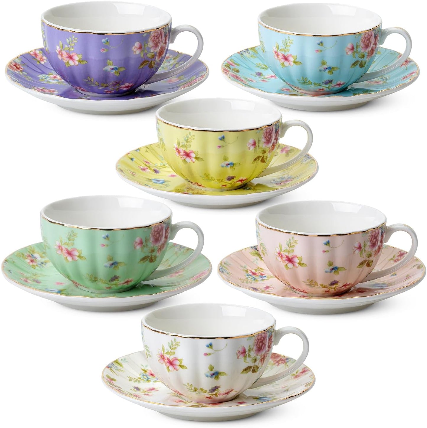 BTaT- Floral Tea Cups and Saucers Set of 6 (7 oz), Porcelain Tea Cups Set of 6, Modern Midnight Floral Design with Gold Trim, Dishwasher & Freezer Safe