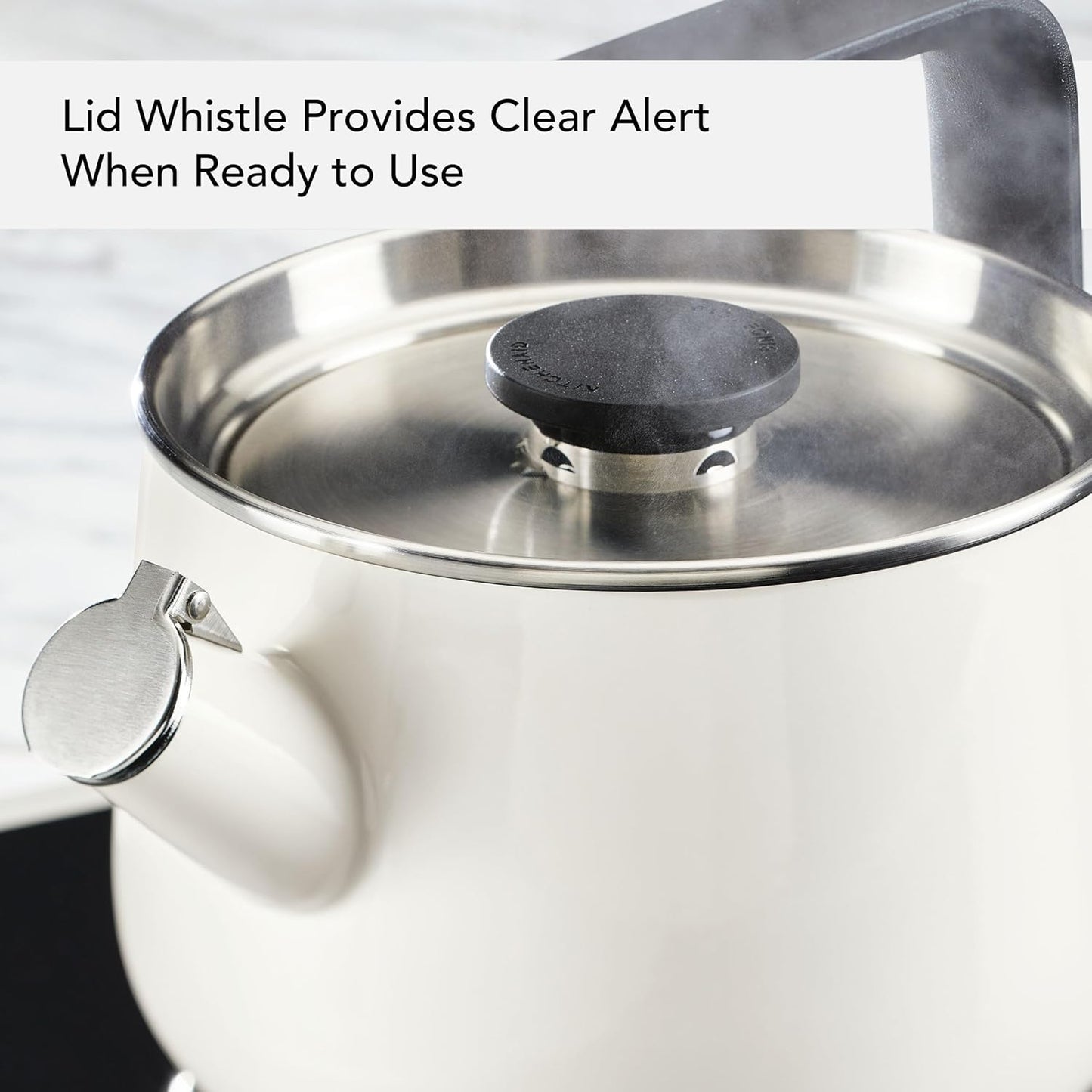 KitchenAid Teakettles Enamel-on-Steel Stovetop Whistling Teakettle, Induction Ready, Stainless steel Lid, 2 Quart - White