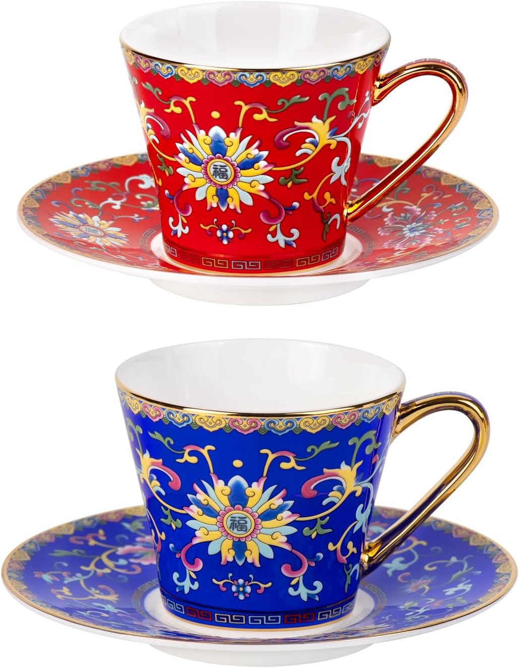 KAMMAK Tea Cups and Saucers Set of 2, Porcelain Coffee Cups with Saucer for Espresso, Cappuccino, 7.5oz Red and Blue Ceramic Demitasse Mug for Home, Tea Party, Office