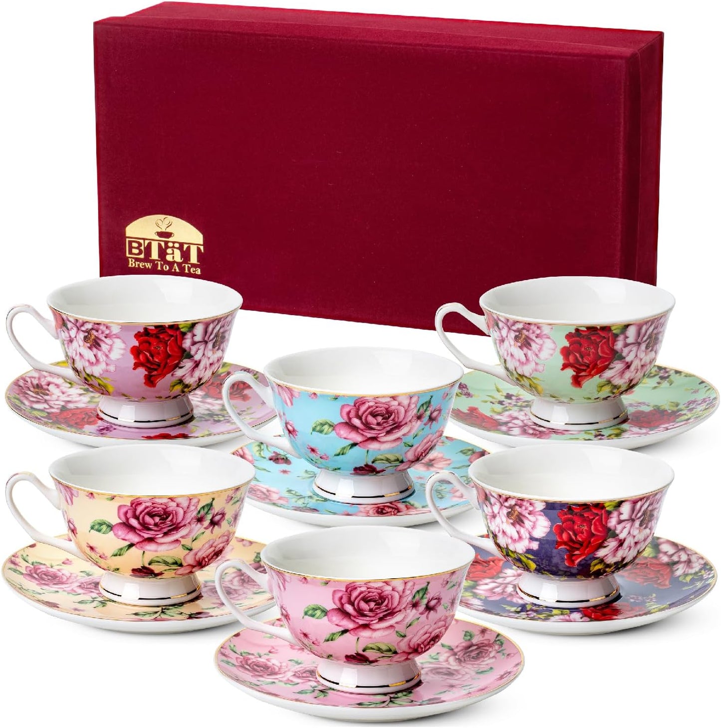 BTaT- Floral Tea Cups and Saucers Set of 6 (8 oz), Porcelain Tea Cups Set of 6, Pastel Flower Garden Design with Gold Trim, Dishwasher Safe