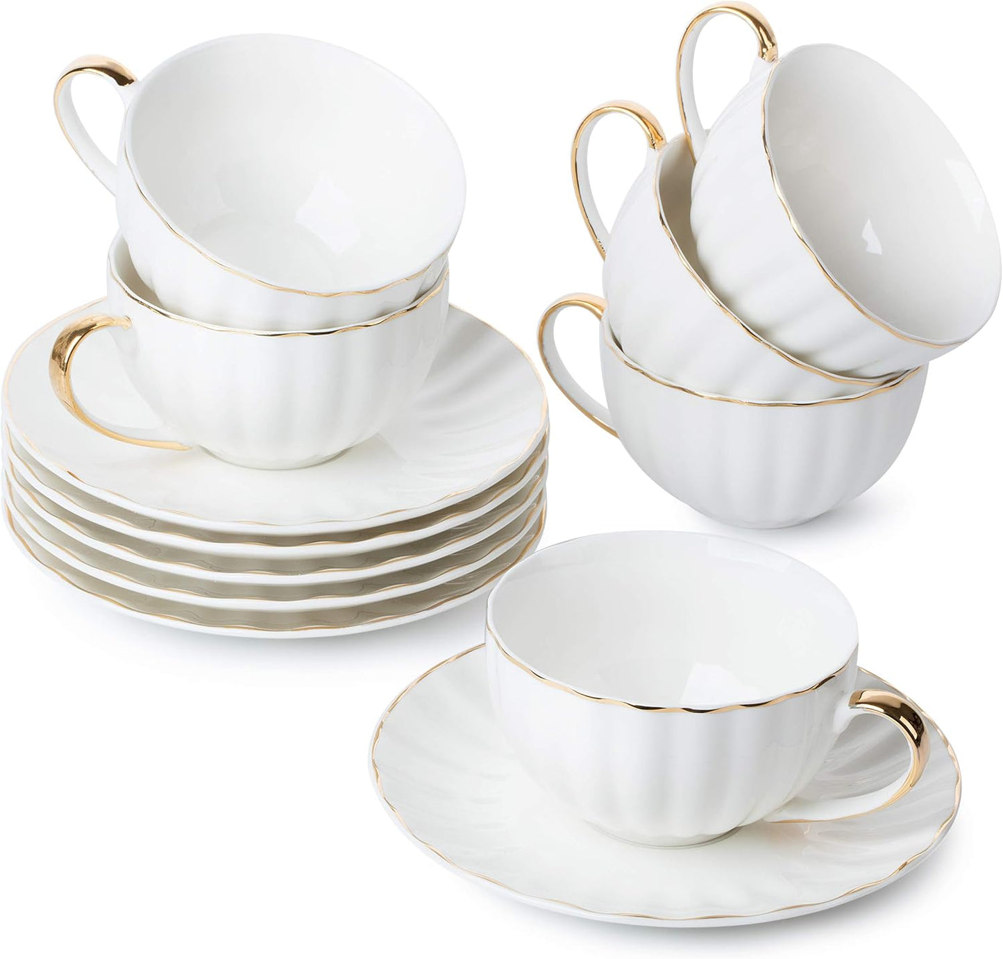 BTaT- White Tea Cups and Saucers Set of 12 (7 oz), Porcelain White Tea Cup Set of 12 with Golden Trim Design, Dishwasher Safe