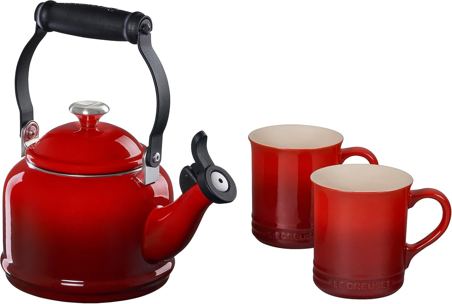Le Creuset Enamel On Steel Demi Kettle with Metal Finishes & Stoneware Set of 2 Mugs, 1.25 qt. Kettle & (2) 14 oz. Mugs, Artichaut