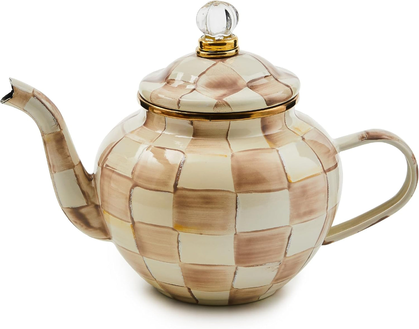 MACKENZIE-CHILDS Enamel Teapot, Cute Small Teapot with Lid, 4-Cup Capacity, Black-and-White Courtly Check