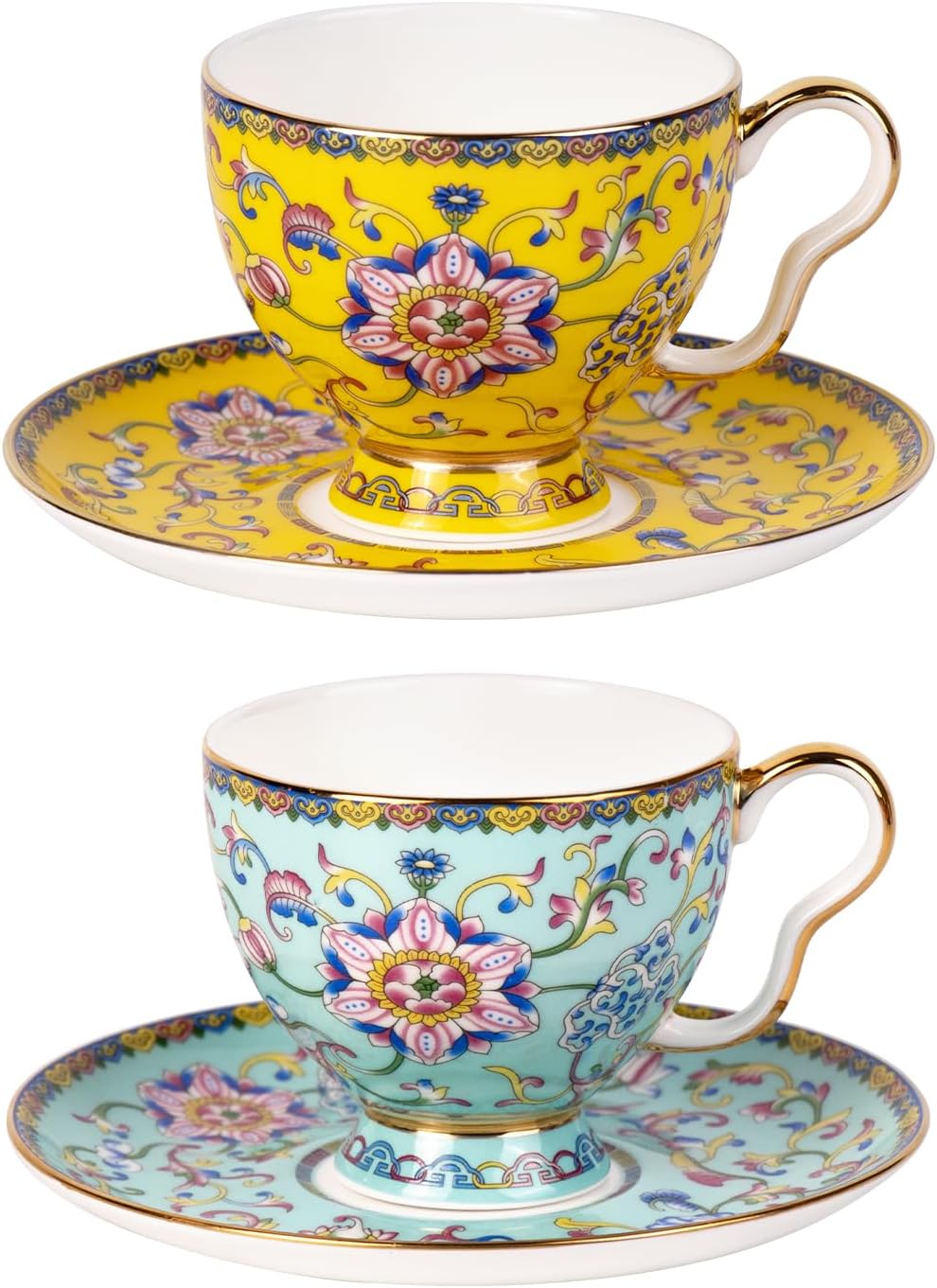KAMMAK Tea Cups and Saucers Set of 2, Porcelain Coffee Cups with Saucer for Espresso, Cappuccino, 7.5oz Red and Blue Ceramic Demitasse Mug for Home, Tea Party, Office