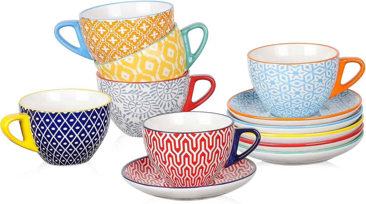 Selamica Ceramic 8 oz Cappuccino Cup Set with Saucers, Espresso Coffee Cups, Latte Macchiato for Party Cafe Home, Set of 6, Vintage Blue