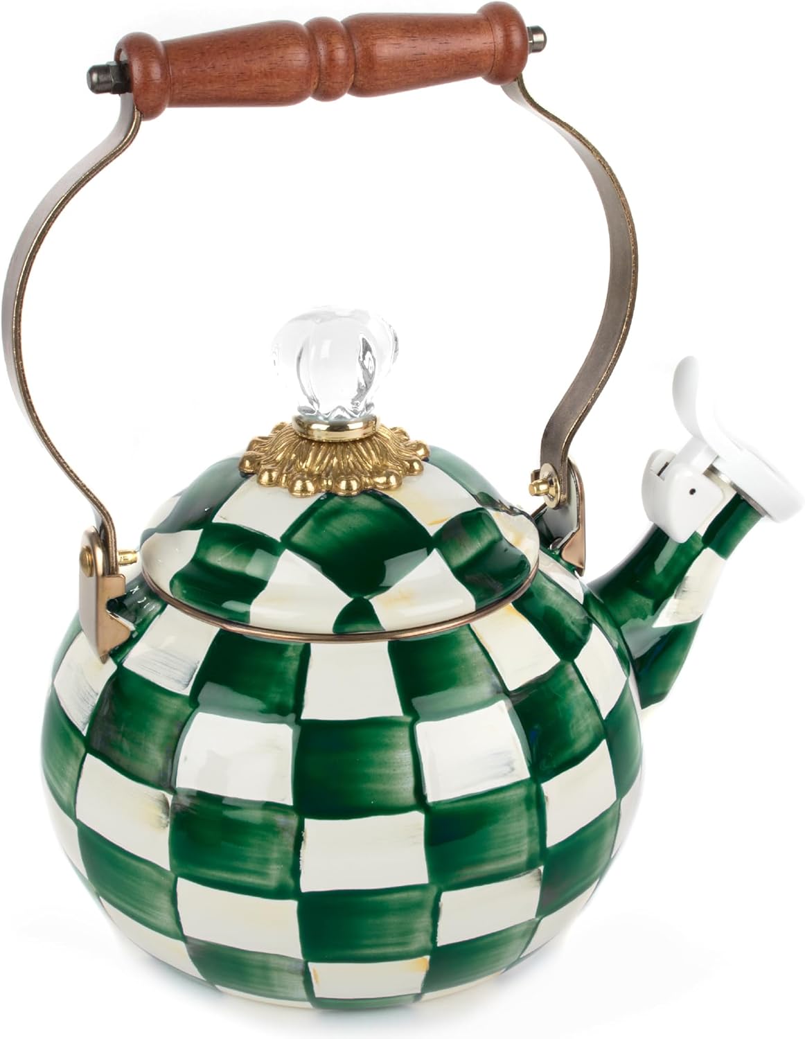 MACKENZIE-CHILDS Enamel Whistling Tea Kettle, Decorative Teapot for Stovetop, Brown-and-White Mocha Check