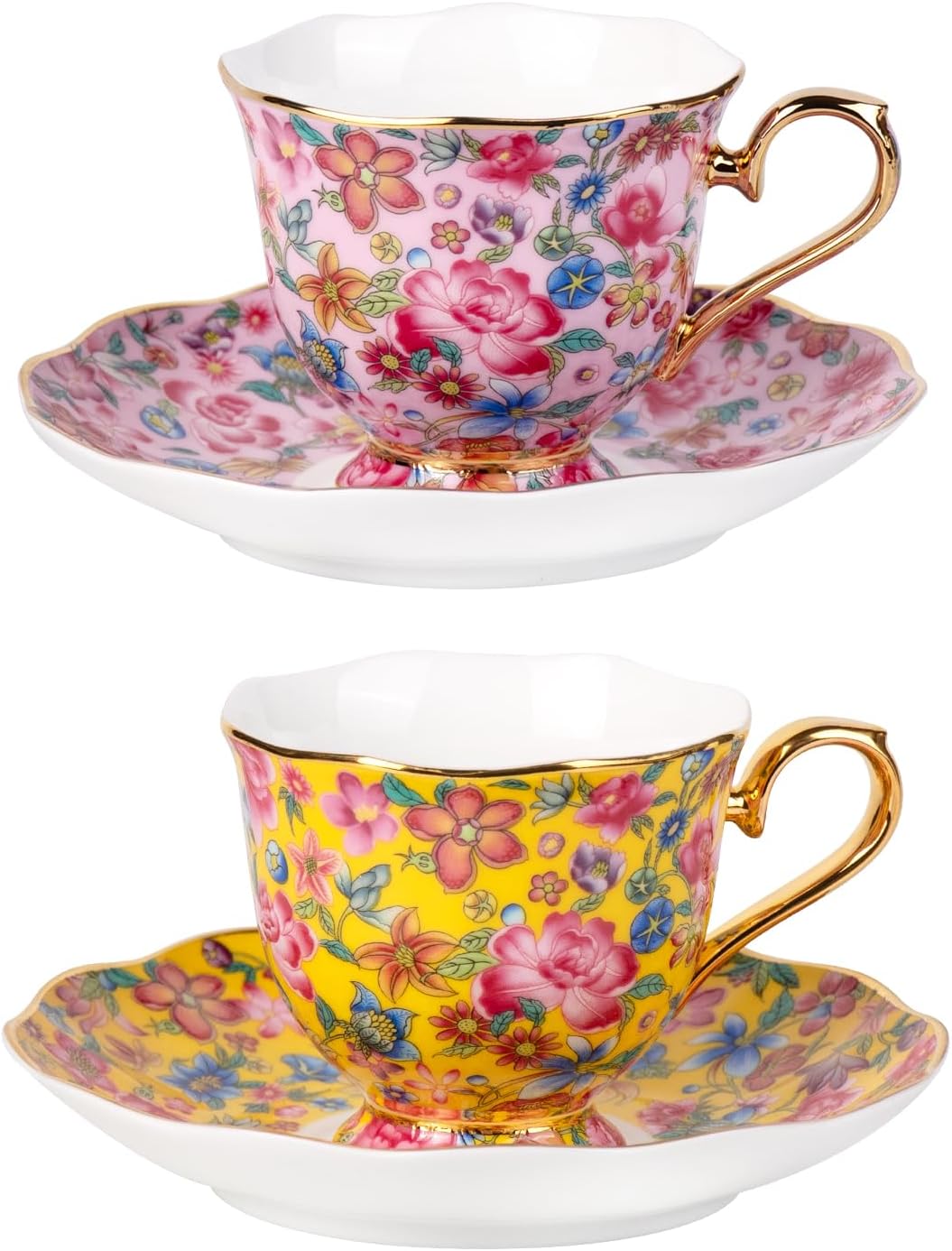 KAMMAK Tea Cups and Saucers Set of 2, Porcelain Coffee Cups with Saucer for Espresso, Cappuccino, 7.5oz Red and Blue Ceramic Demitasse Mug for Home, Tea Party, Office