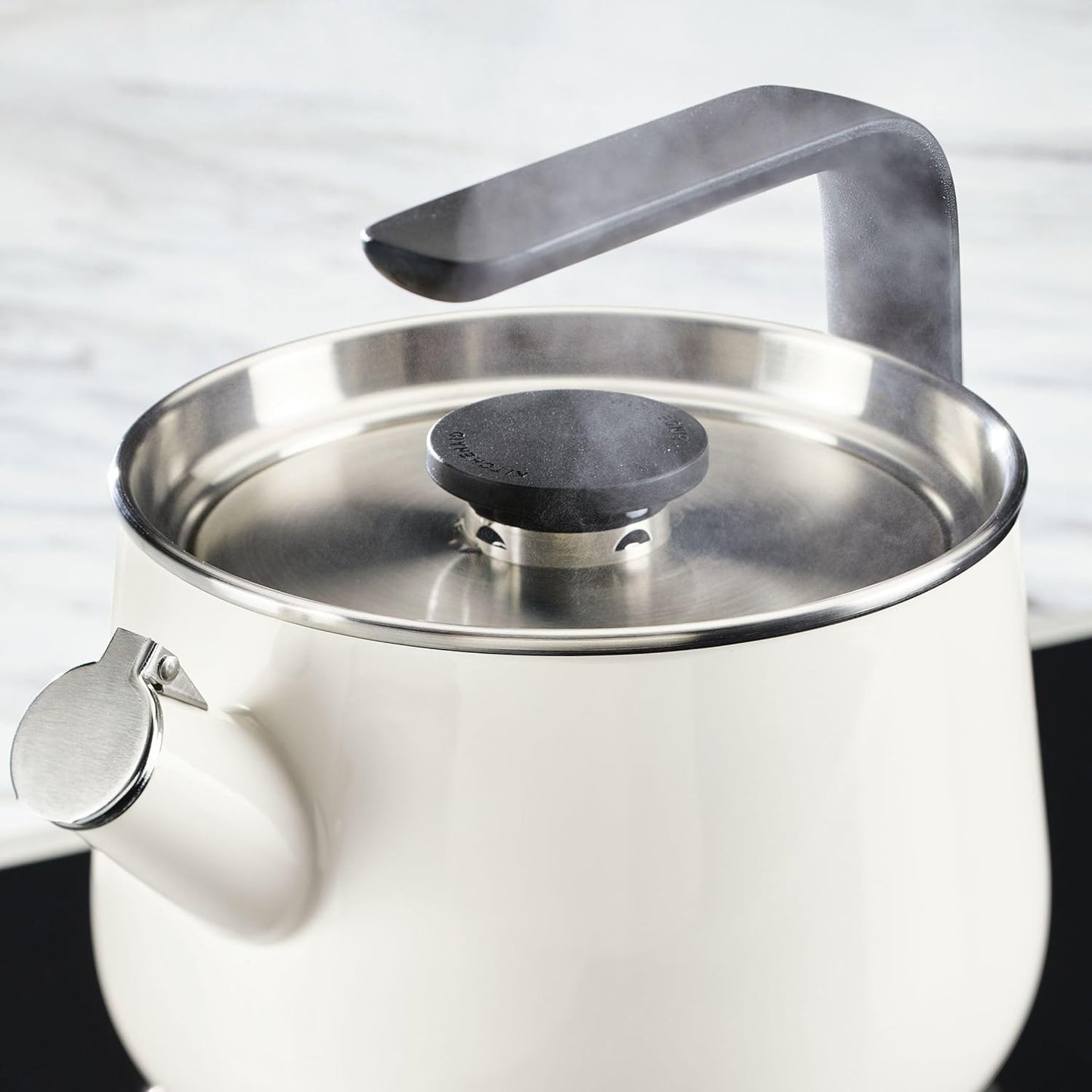 KitchenAid Teakettles Enamel-on-Steel Stovetop Whistling Teakettle, Induction Ready, Stainless steel Lid, 2 Quart - White