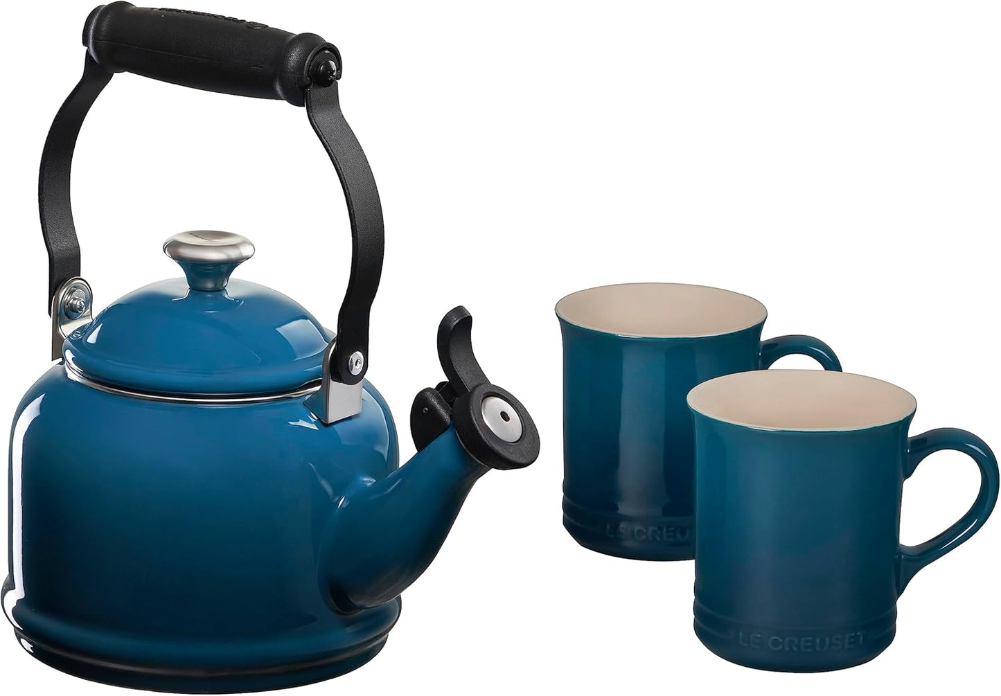 Le Creuset Enamel On Steel Demi Kettle with Metal Finishes & Stoneware Set of 2 Mugs, 1.25 qt. Kettle & (2) 14 oz. Mugs, Artichaut