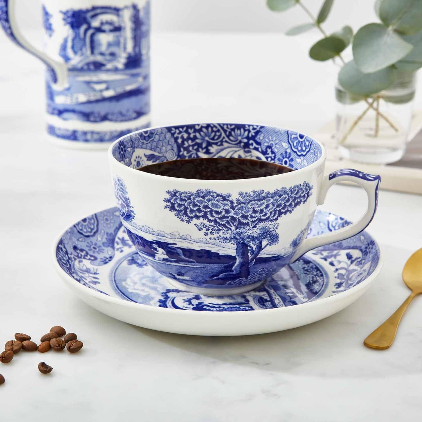 Spode Blue Italian Teacup and Saucer, 20-ounce Capacity, Jumbo Tea Set, Coffee Mug, Cup for Tea, Lattes, Espressos, and Hot Beverages - Blue &White
