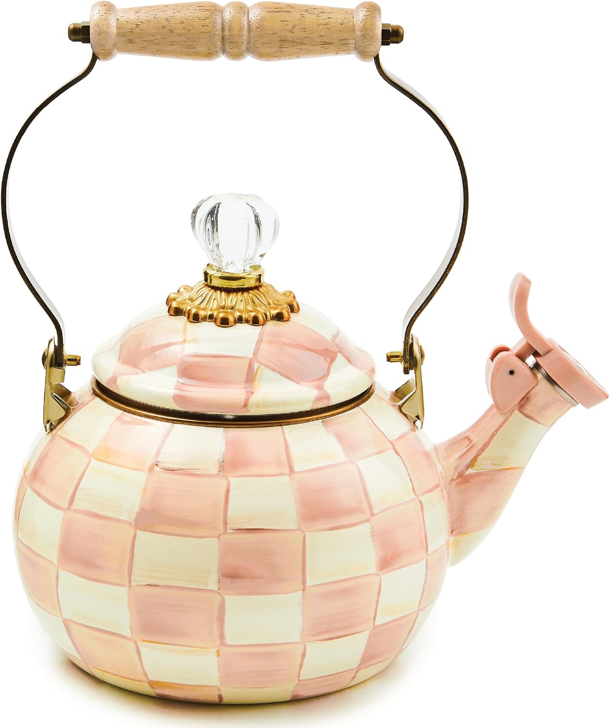 MACKENZIE-CHILDS Enamel Whistling Tea Kettle, Decorative Teapot for Stovetop, Brown-and-White Mocha Check