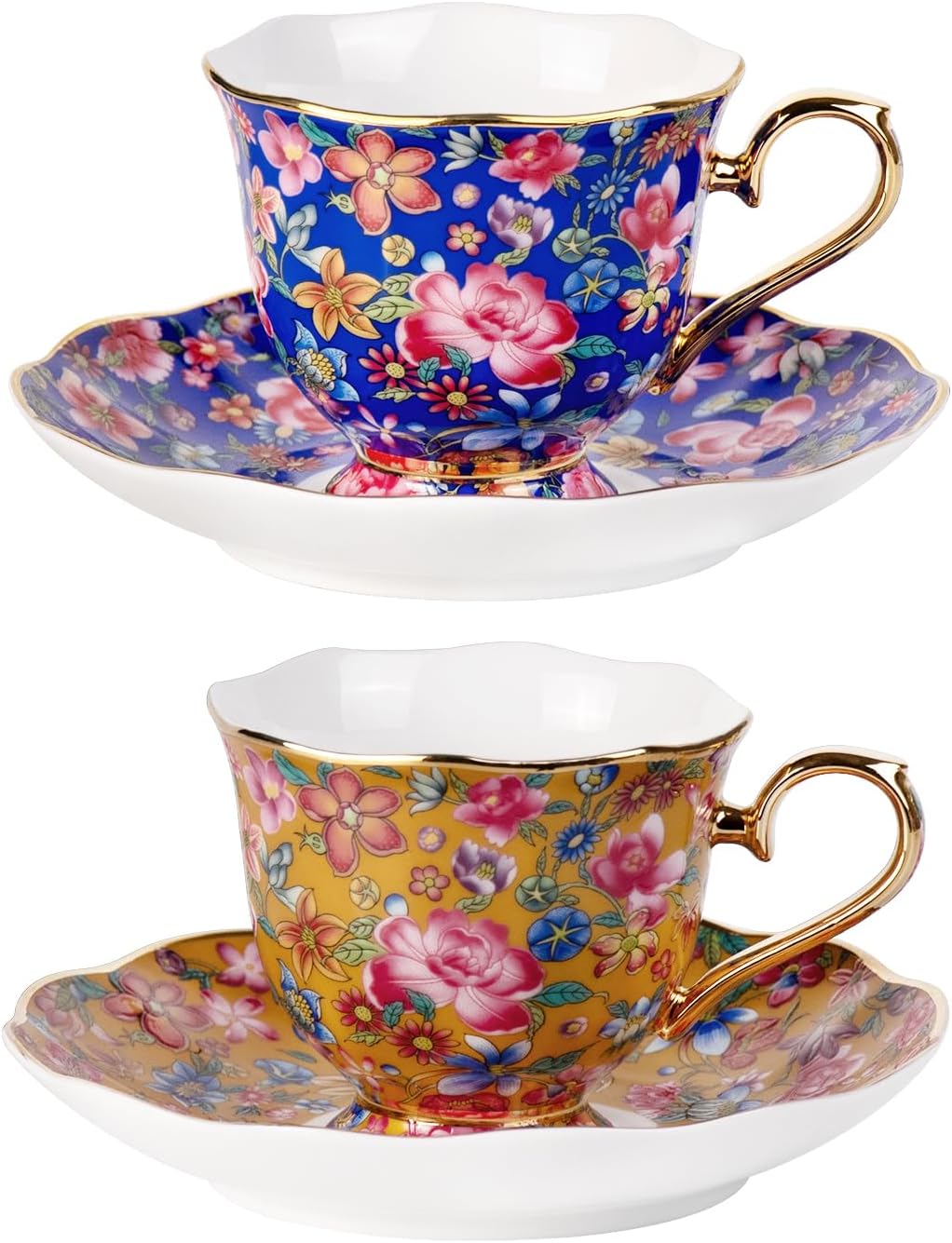 KAMMAK Tea Cups and Saucers Set of 2, Porcelain Coffee Cups with Saucer for Espresso, Cappuccino, 7.5oz Red and Blue Ceramic Demitasse Mug for Home, Tea Party, Office