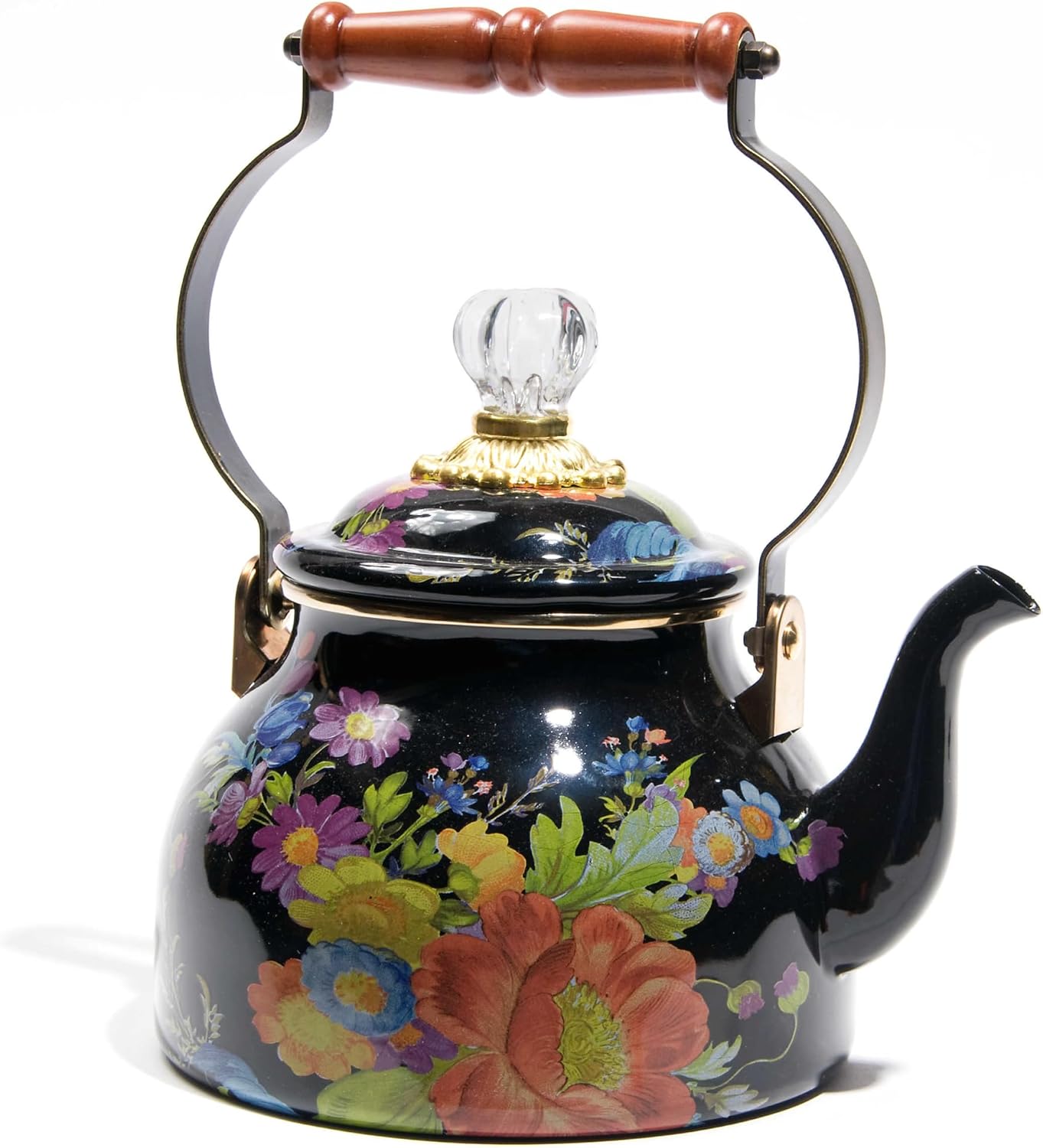 MACKENZIE-CHILDS Enamel Tea Kettle, Stylish Tea Kettle for Stovetop, White Flower Market, 2 Quarts