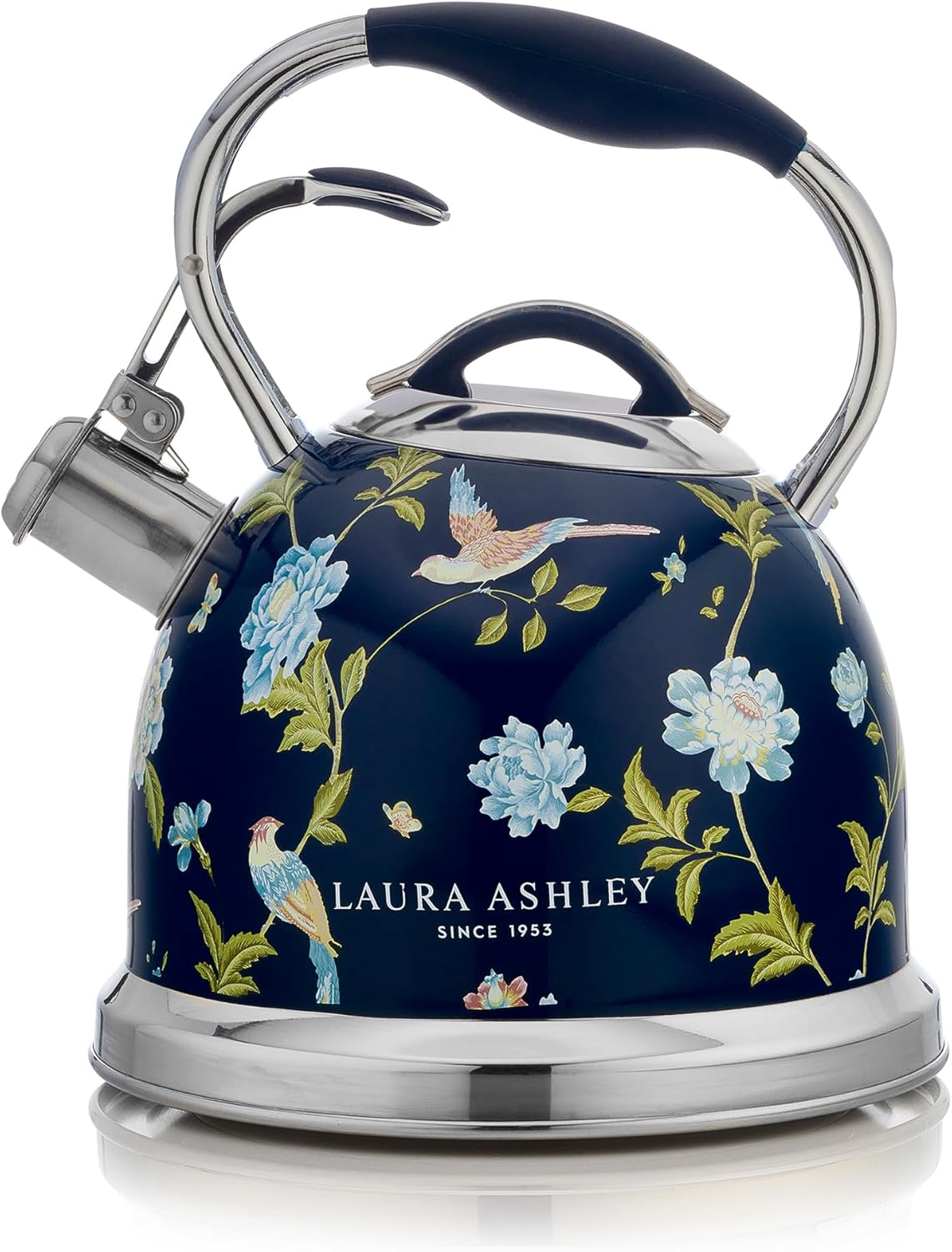 VQ Laura Ashley China Rose 3L Stainless Steel Tea Kettle Stovetop Whistling Teapot for Induction, Gas Hob or others. Silicon Coated Cool Handle & Push Button Mechanism Vintage Stove Top Kettle
