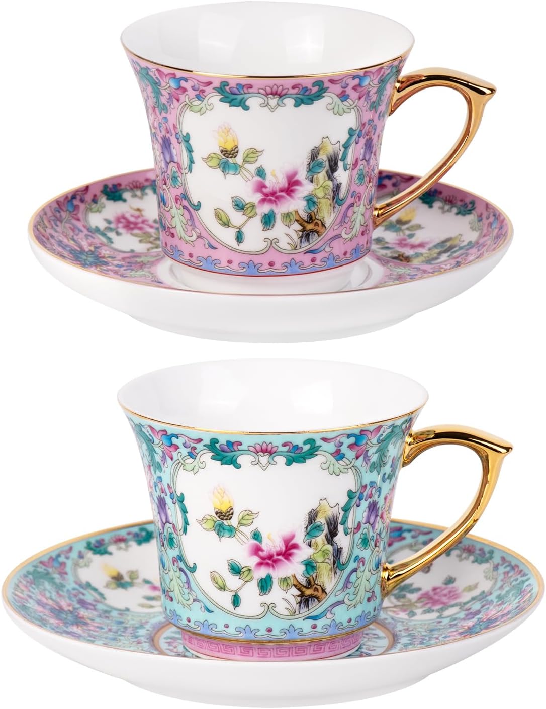 KAMMAK Tea Cups and Saucers Set of 2, Porcelain Coffee Cups with Saucer for Espresso, Cappuccino, 7.5oz Red and Blue Ceramic Demitasse Mug for Home, Tea Party, Office