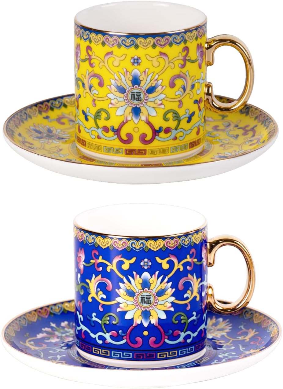 KAMMAK Tea Cups and Saucers Set of 2, Porcelain Coffee Cups with Saucer for Espresso, Cappuccino, 7.5oz Red and Blue Ceramic Demitasse Mug for Home, Tea Party, Office