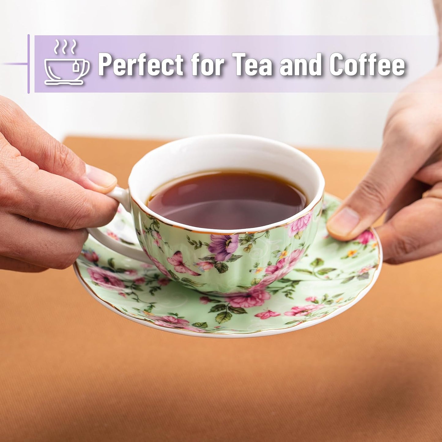BTaT- Floral Tea Cups and Saucers Set of 6 (7 oz), Porcelain Tea Cups Set of 6, Modern Midnight Floral Design with Gold Trim, Dishwasher & Freezer Safe