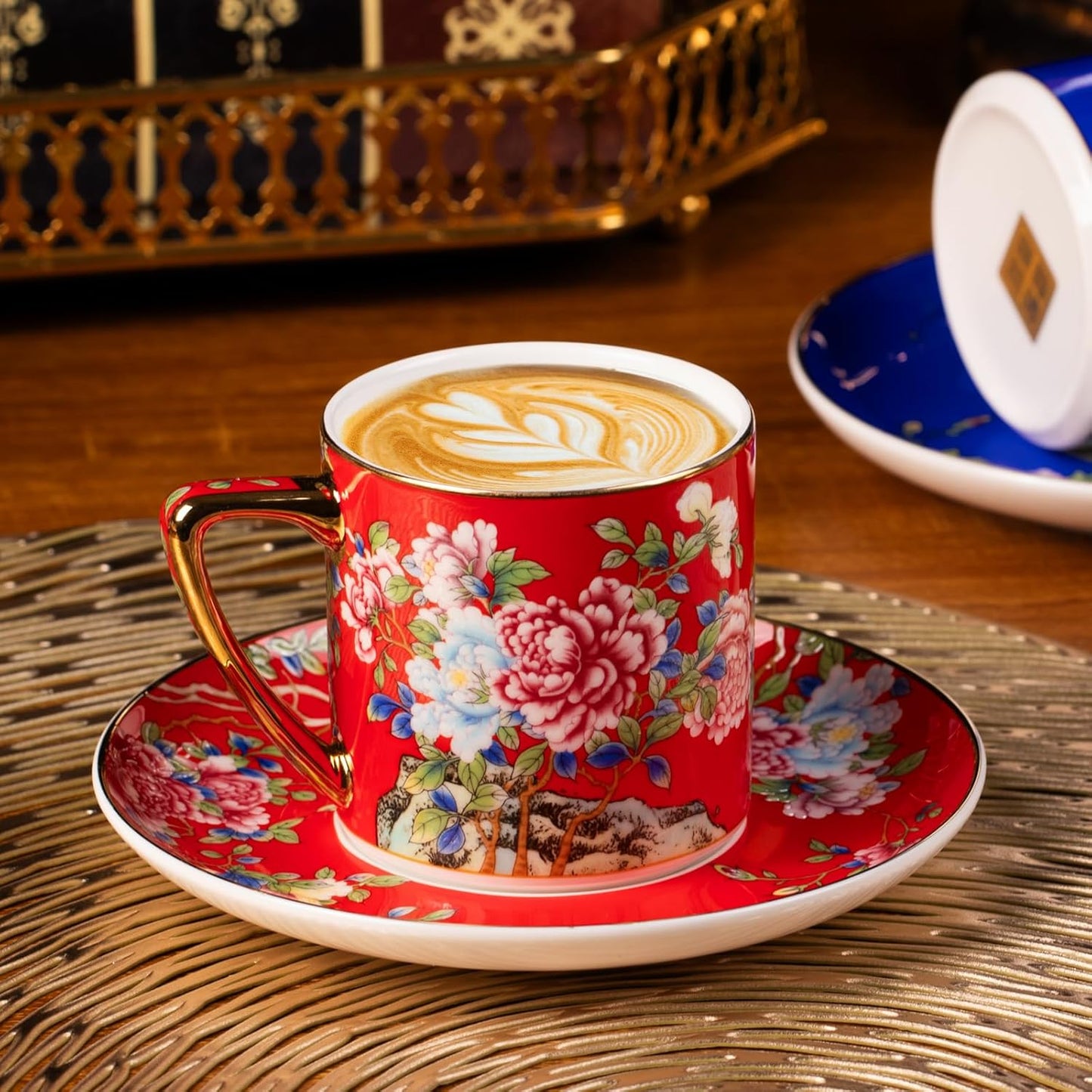 KAMMAK Tea Cups and Saucers Set of 2, Porcelain Coffee Cups with Saucer for Espresso, Cappuccino, 7.5oz Red and Blue Ceramic Demitasse Mug for Home, Tea Party, Office