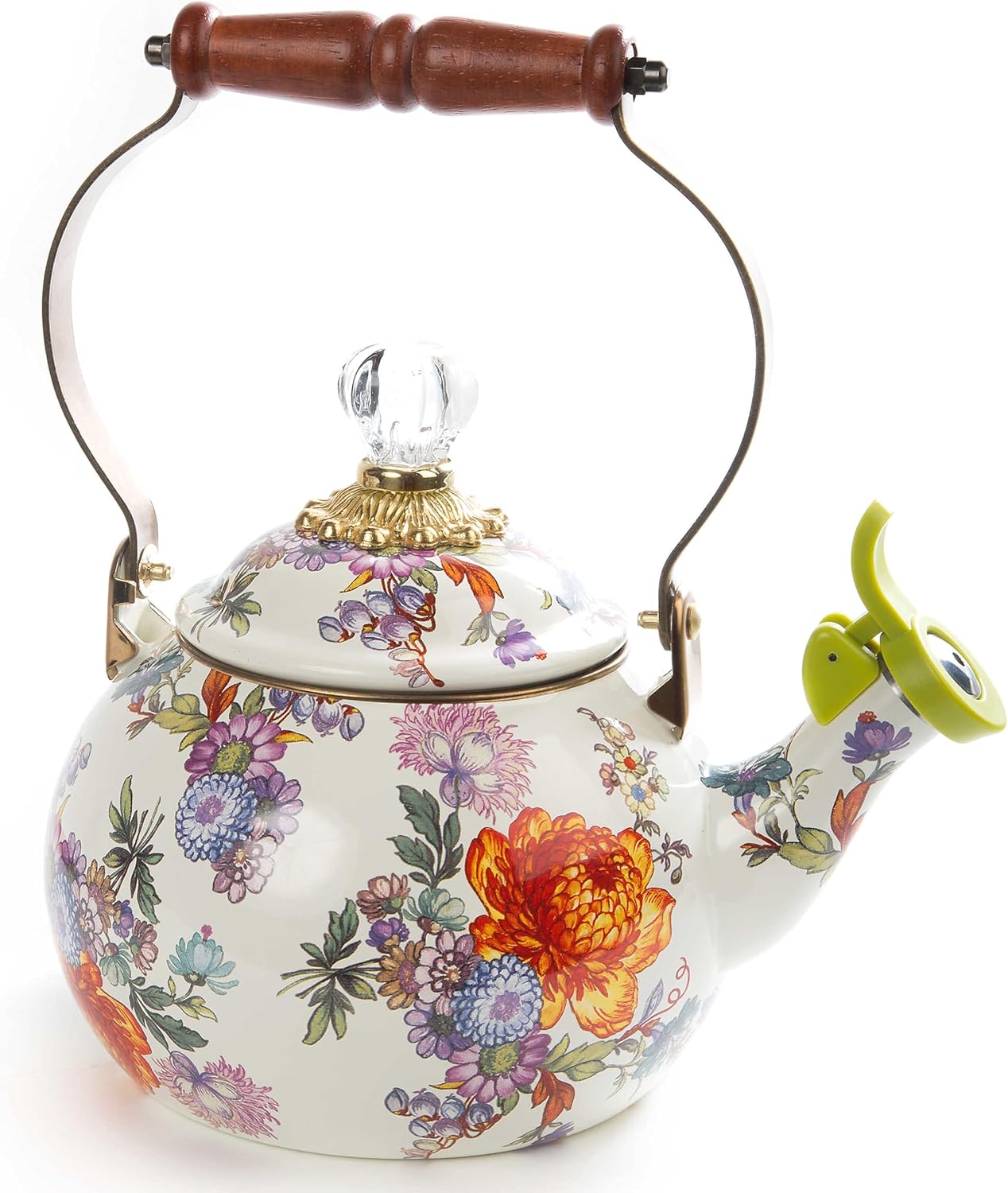 MACKENZIE-CHILDS Enamel Whistling Tea Kettle, Decorative Teapot for Stovetop, Brown-and-White Mocha Check
