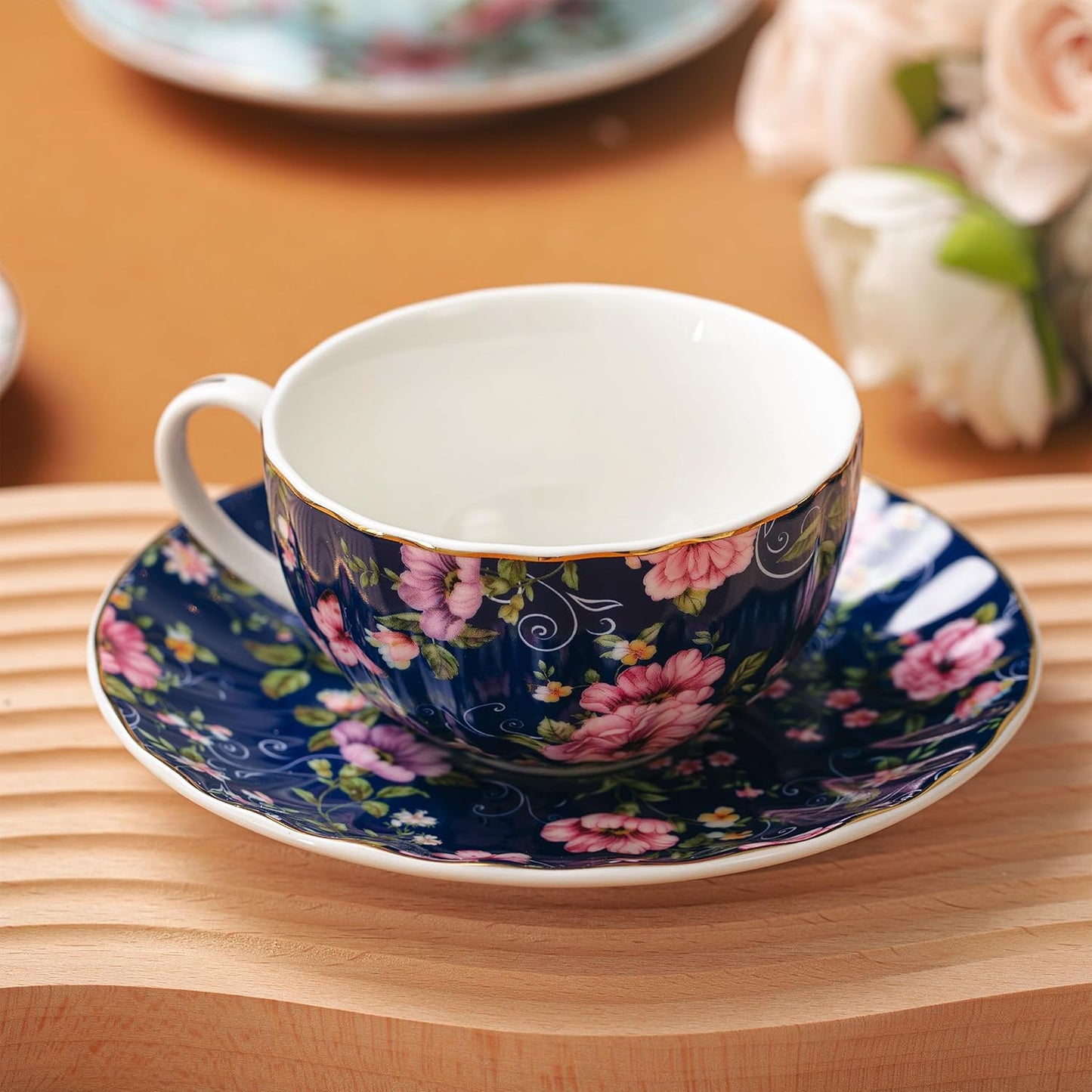BTaT- Floral Tea Cups and Saucers Set of 6 (7 oz), Porcelain Tea Cups Set of 6, Modern Midnight Floral Design with Gold Trim, Dishwasher & Freezer Safe