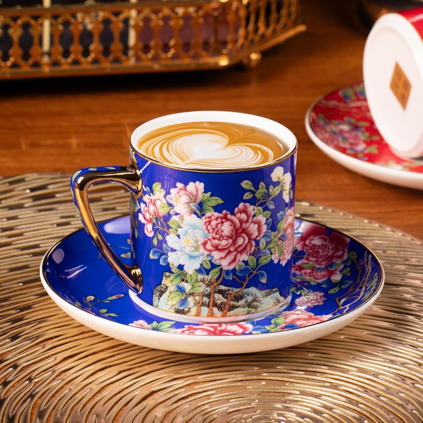 KAMMAK Tea Cups and Saucers Set of 2, Porcelain Coffee Cups with Saucer for Espresso, Cappuccino, 7.5oz Red and Blue Ceramic Demitasse Mug for Home, Tea Party, Office