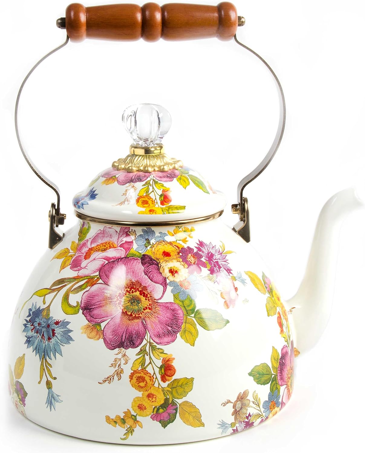 MACKENZIE-CHILDS Enamel Tea Kettle, Stylish Tea Kettle for Stovetop, White Flower Market, 2 Quarts