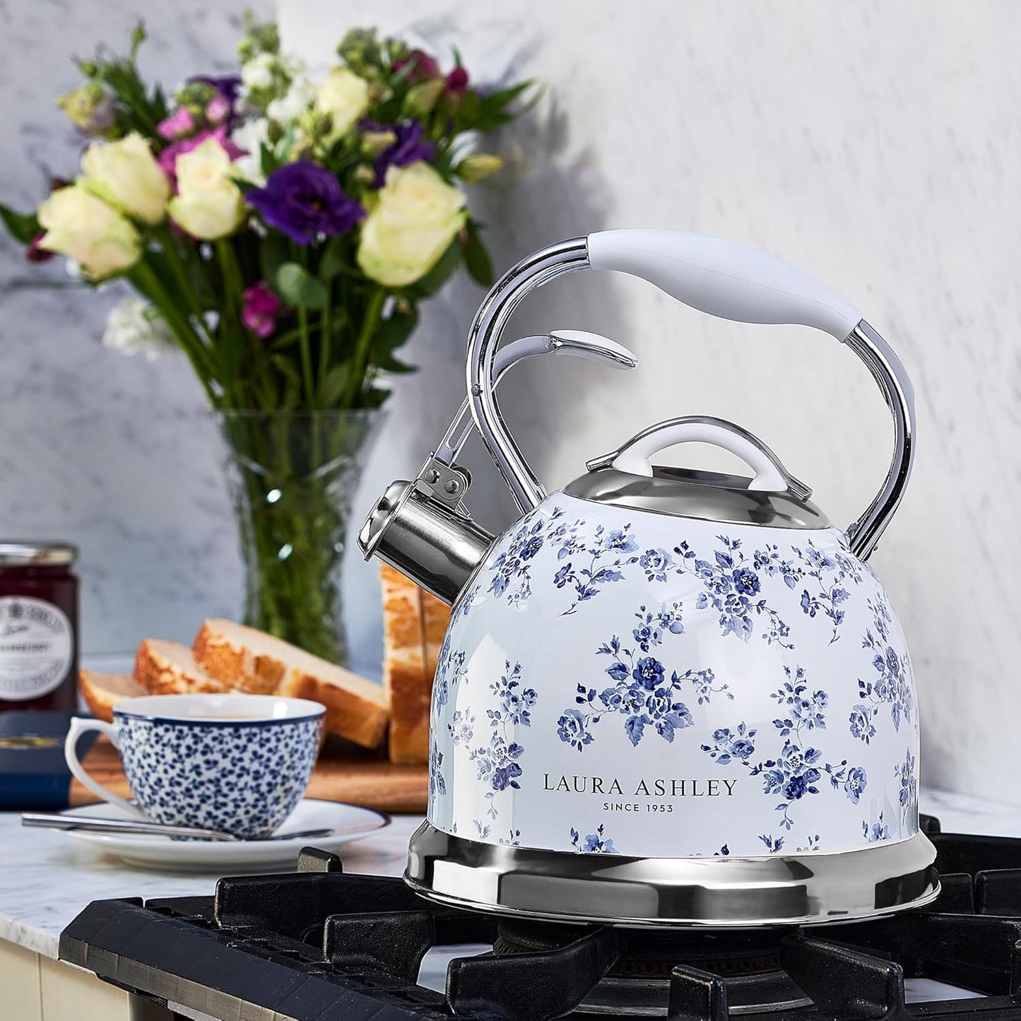 VQ Laura Ashley China Rose 3L Stainless Steel Tea Kettle Stovetop Whistling Teapot for Induction, Gas Hob or others. Silicon Coated Cool Handle & Push Button Mechanism Vintage Stove Top Kettle