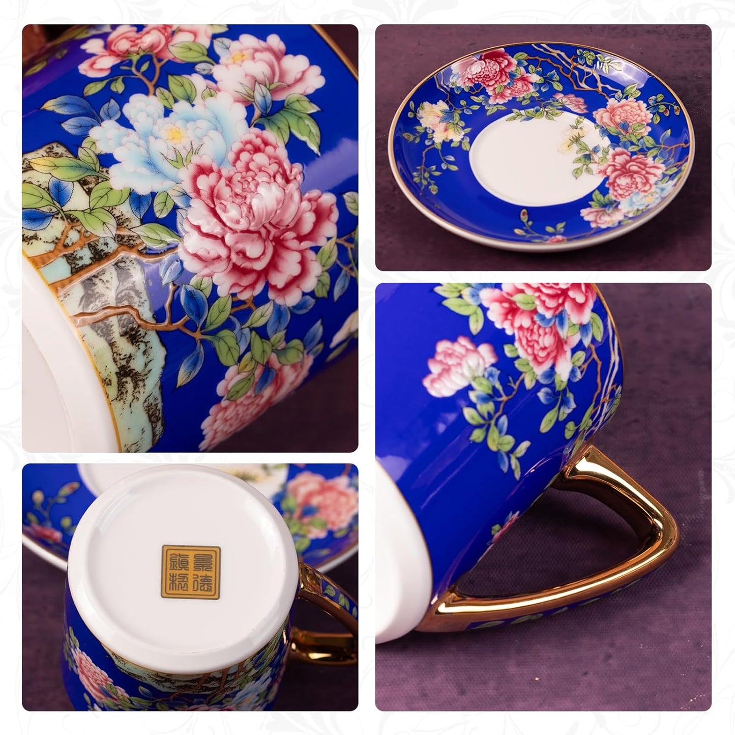 KAMMAK Tea Cups and Saucers Set of 2, Porcelain Coffee Cups with Saucer for Espresso, Cappuccino, 7.5oz Red and Blue Ceramic Demitasse Mug for Home, Tea Party, Office