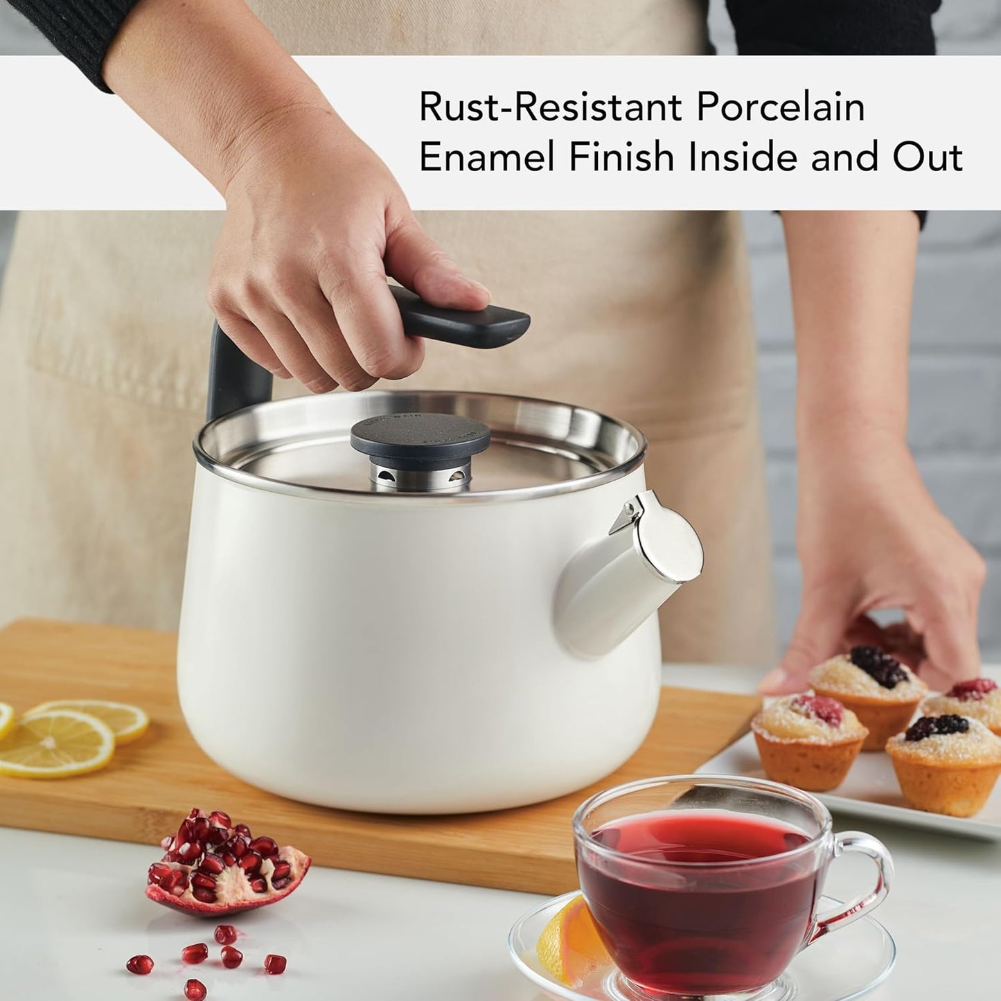 KitchenAid Teakettles Enamel-on-Steel Stovetop Whistling Teakettle, Induction Ready, Stainless steel Lid, 2 Quart - White