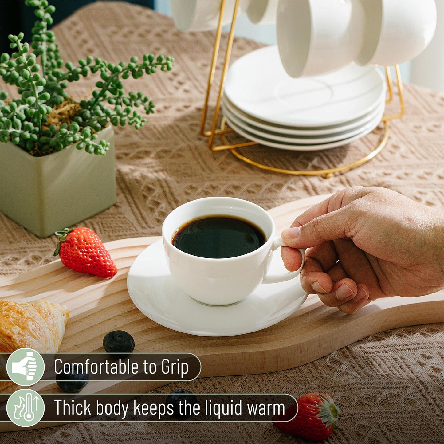 BTaT Porcelain Tea Cups and Saucers, 8oz, Set of 12, White