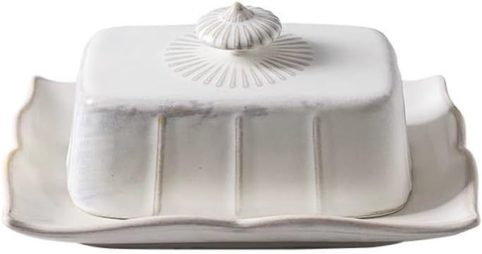 Butter Dish French Vintage Ceramic Butter Box French Tableware Baked Butter Plate with Cow Butter Cover Dim sum Plate Cheese Box(Khaki)